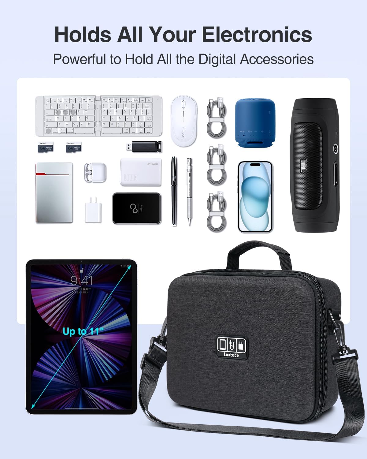 Luxtude Electronic Organizer Travel Case Large, Hard Case for Electronics, EVA Tech Organizers, Travel Cable Bag with Shoulder Strap, Charger Organizers Carrying Cases for iPad(Up to 11’’)
