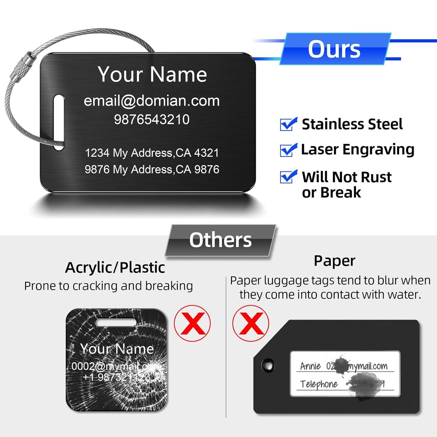 Stainless Steel Personalized Luggage Tags for Suitcases - Custom Name ID Travel Tags for Luggage, Backpacks and Bags - Metal Travel Essentials Accessories for Kids, Women and Men - Bulk Set (4 Pack)