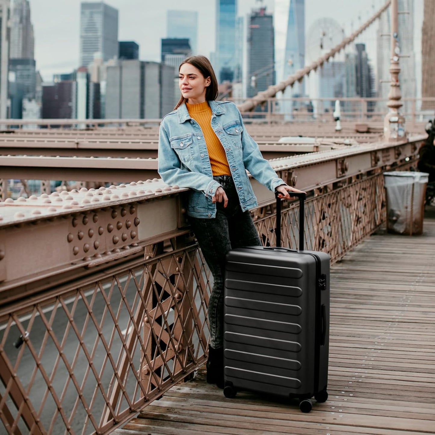 NINETYGO Medium Checked Luggage 26 Inch, Checking In Luggage with Smooth Spinner Wheels, Lightweight, Hard Shell PC Suitcase, Lightweight Travel Luggage, TSA Approved (Black, Rhine Basic)