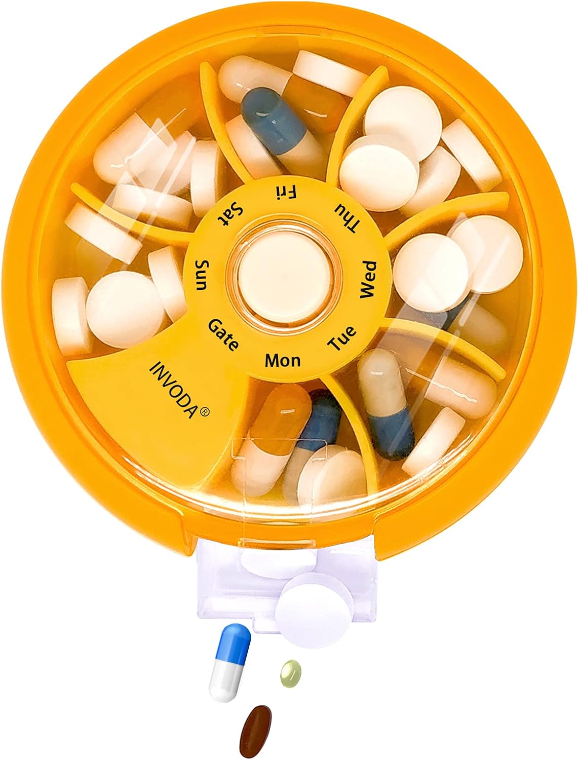 INVODA Weekly Pill Organizer 7 Compartment Rotating Pill Box for Daily Medication & Vitamins - Portable Travel Pill Case Fish Oil Supplements Vitamins Organizer (Orange+Bag)