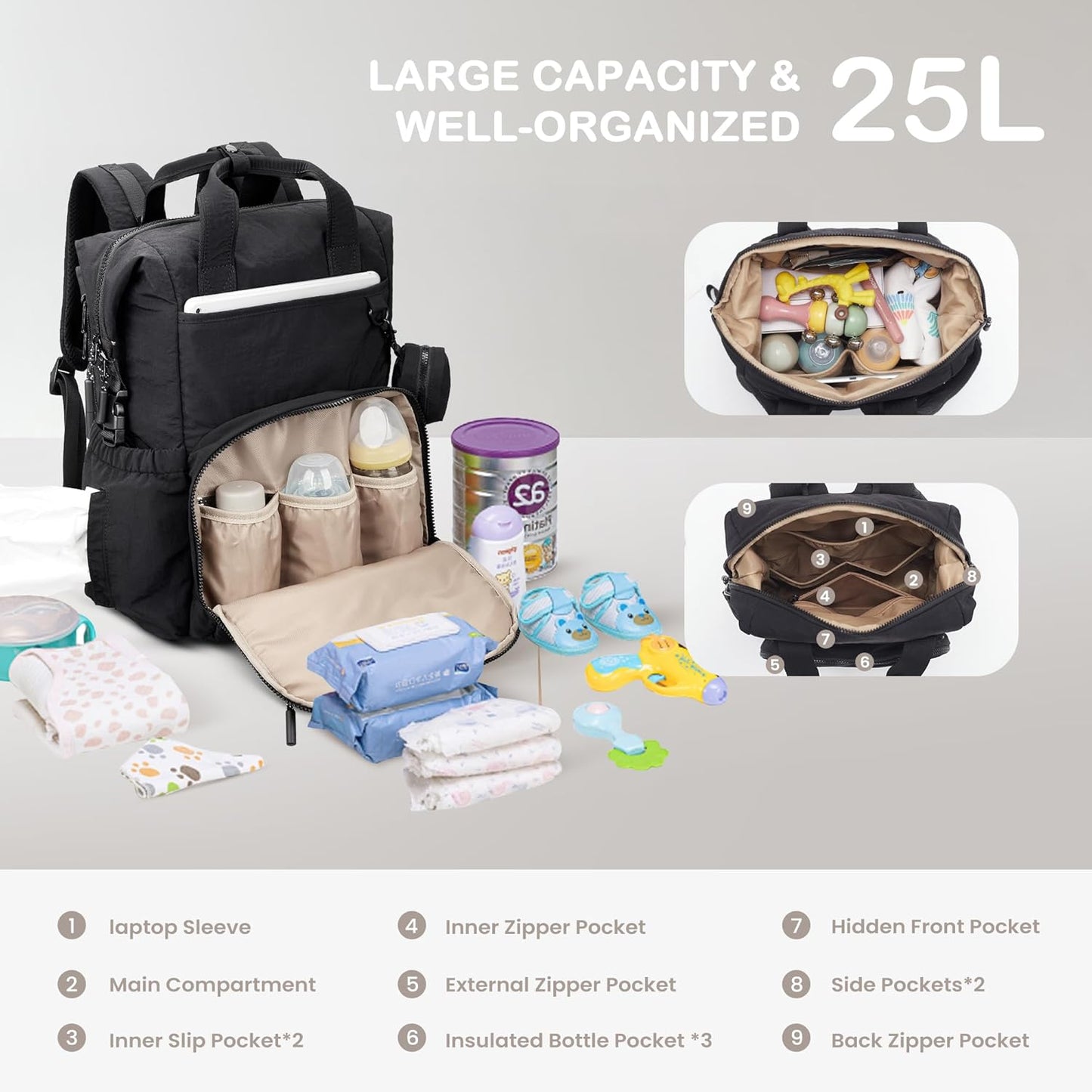 VONAL Diaper Bag Backpack, Lightweight Baby Diaper Bags, Travel Large Diaper Bag with Changing Station, Black Diaper Backpack for Boys Girls Newborn with Insulated Pockets, Stroller Straps
