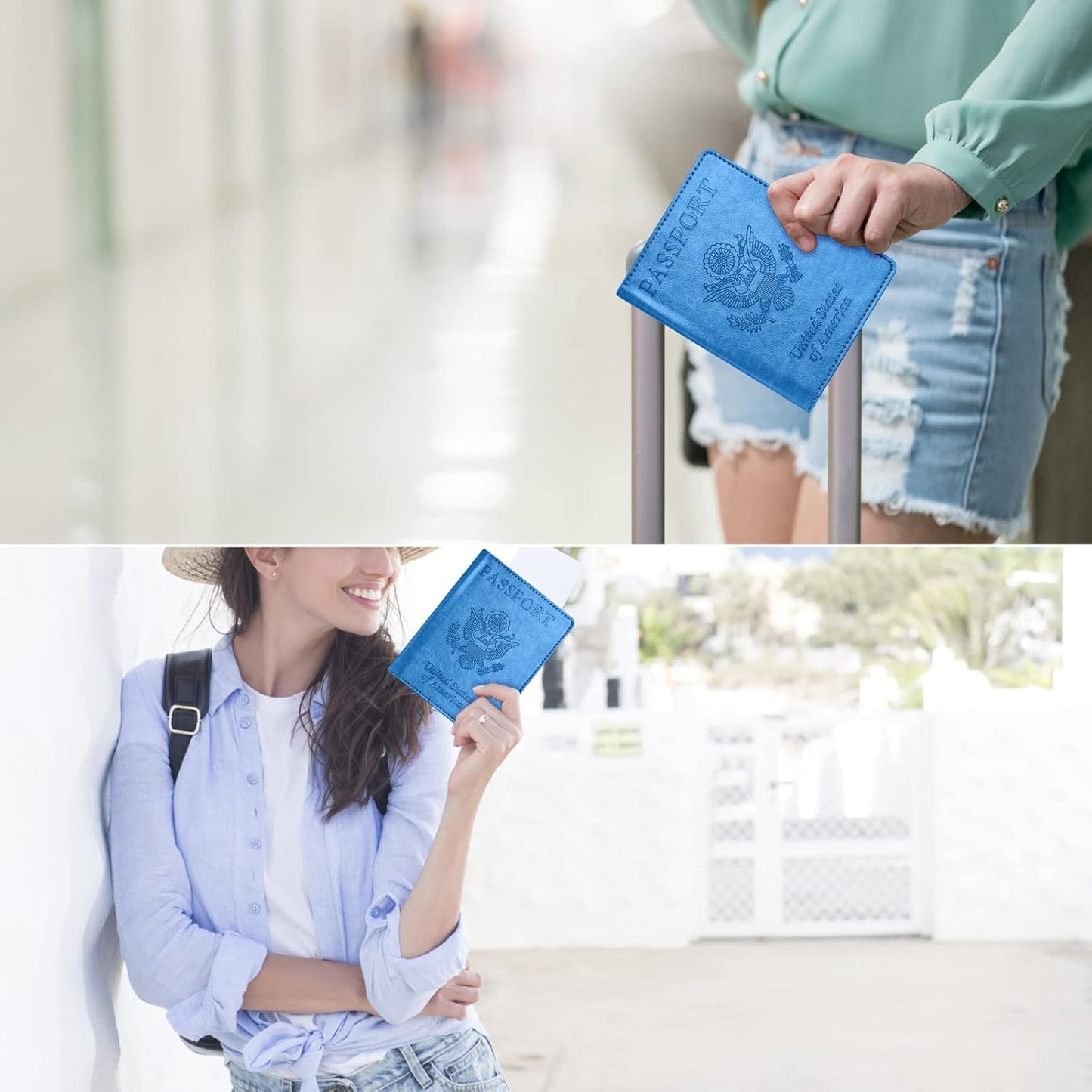 Eoehro Unisex-Adult Passport and Vaccine Card Holder Combo, Sky Blue, Faux Leather, RFID Protected