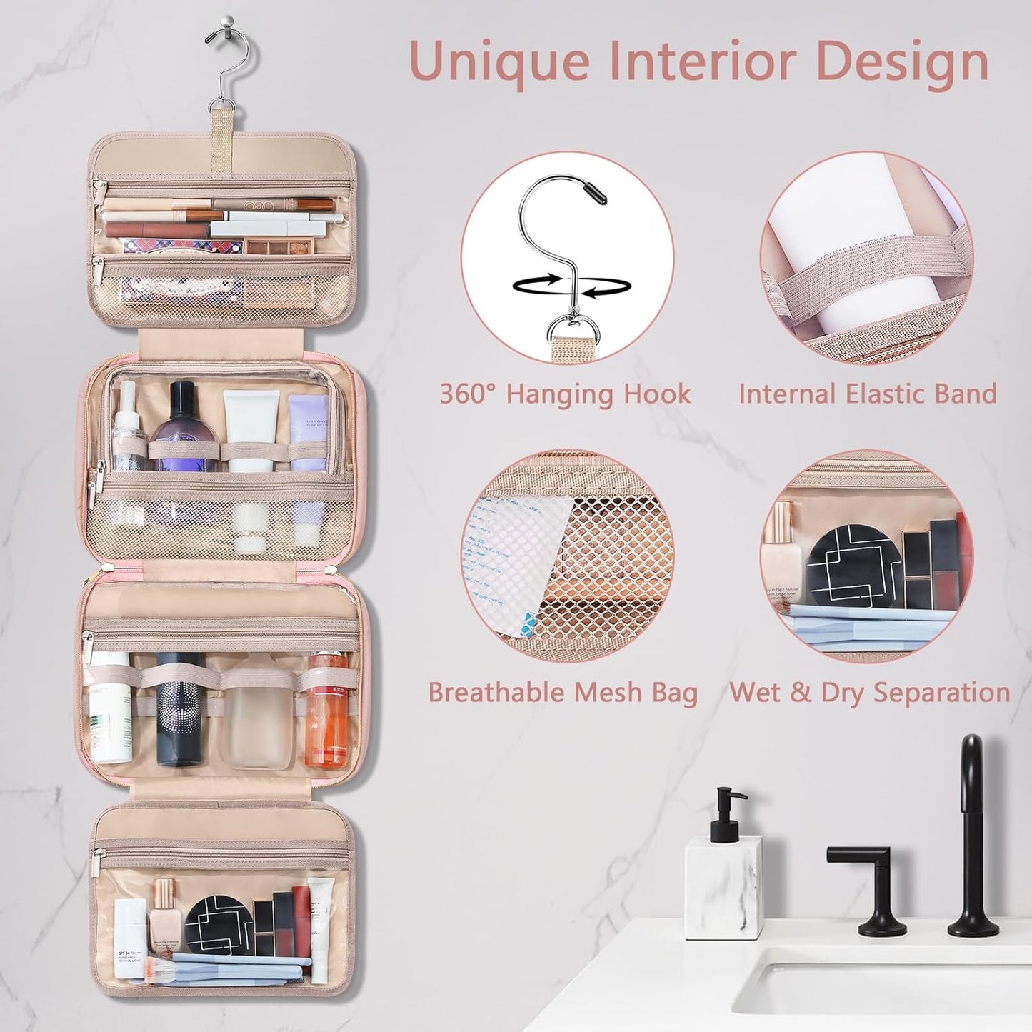 Wedama Toiletry Bag for Women, Hanging Travel Toiletry Bag with Jewelry Organizer Compartment Large Makeup Bag, PVC Waterproof Cosmetic Travel Bag for Travel Business Trips Camping Bathroom, Pink