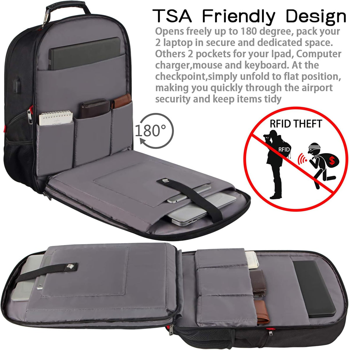 Laptop Backpack, Red, 55L Capacity, TSA Approved, RFID Anti-Theft, USB Charging Port, Headphone Hole, Back Luggage Strap, Chest Strap, Laptop Backpack
