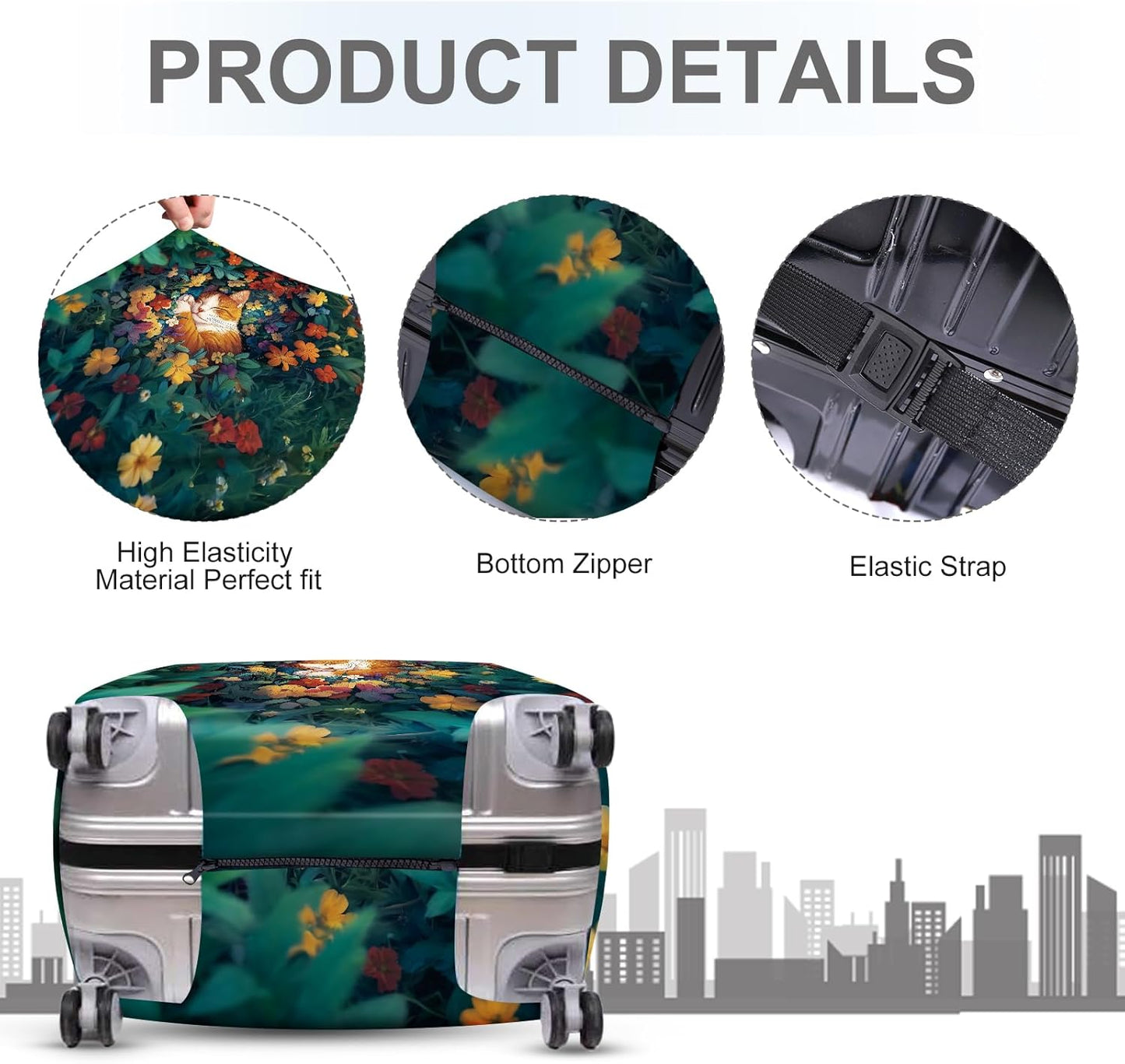 ANNA QUEEN Dreamy Cat Luggage Cover, Cat Sleeping in a Flower Field Design, Stretchable, Washable Travel Protector for 24-26 Inch Luggage