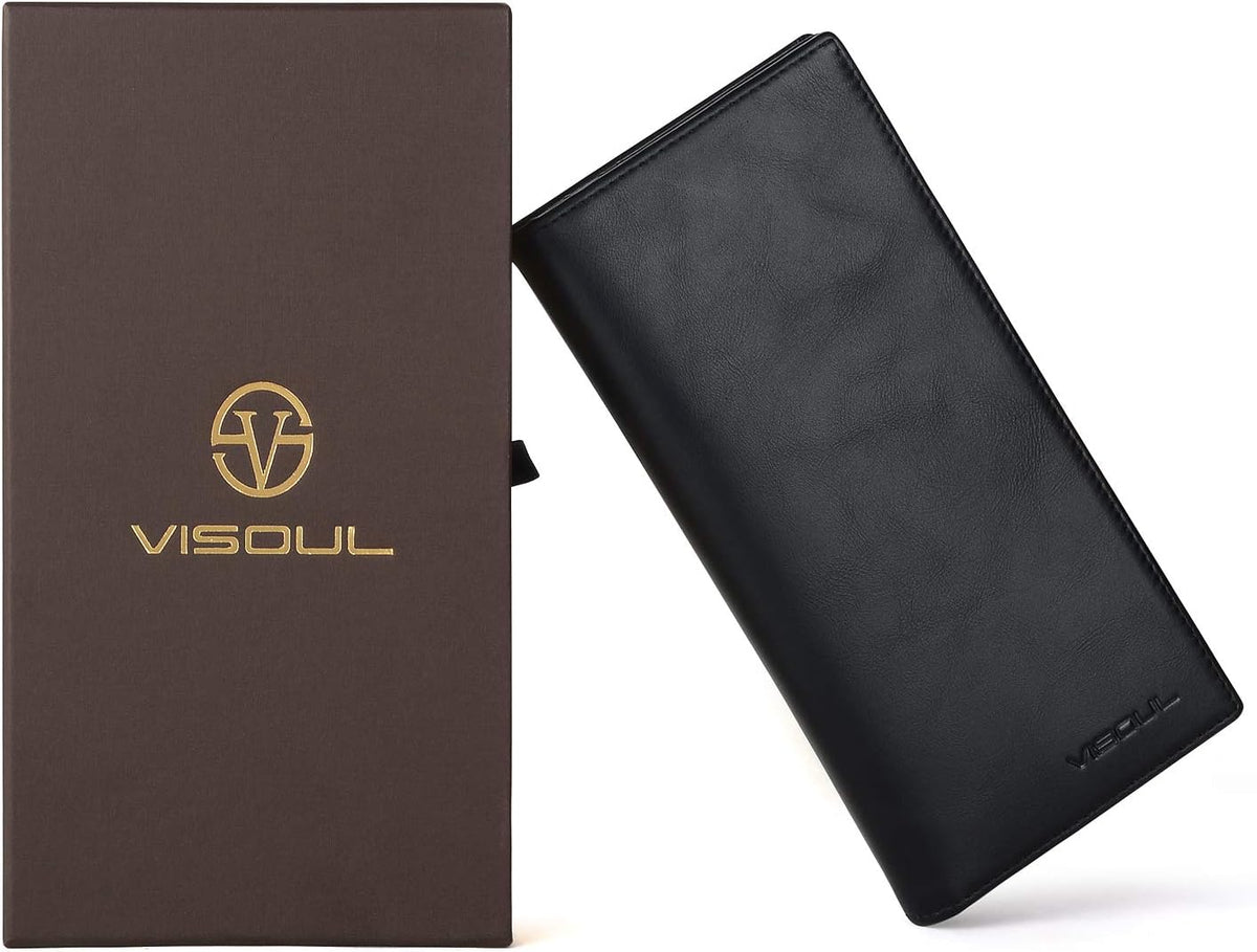 VISOUL Mens Leather Long Checkbook Bifold Wallets with RFID Blocking, Breast Pocket Tall Billfold Secretary Wallet for Men with Card Slots (Black)