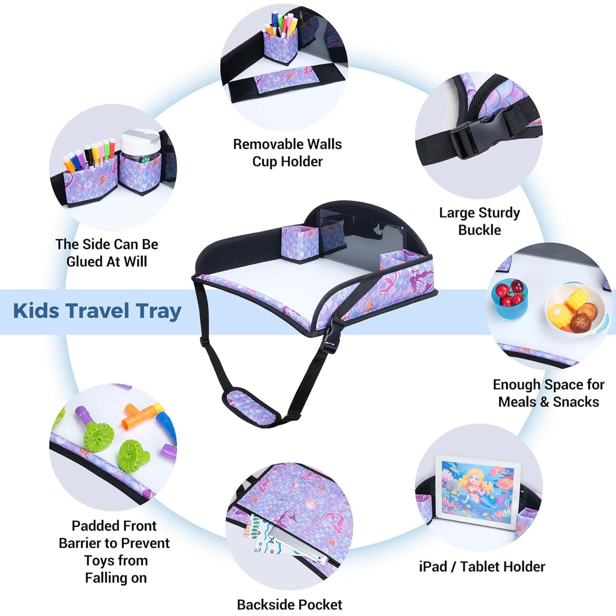 COOLBEBE Kids Travel Tray for Toddler Car Seat, Travel Tray for Airplane, Toddler Car Seat Lap Tray, Carseat Table Tray for Kids Travel Activities (Mermaid