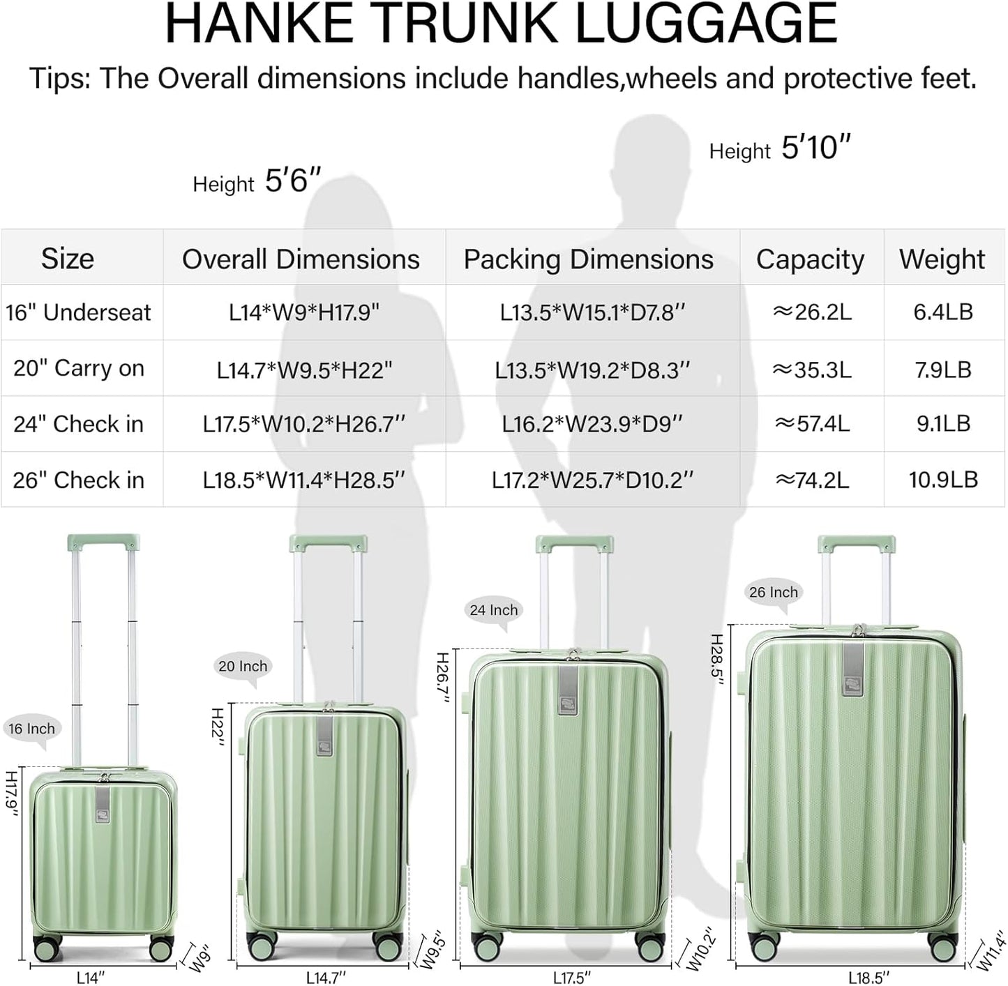 Hanke 20 Inch Carry-On Luggage with Wheels PC Hard Shell Suitcases Top Opening Aluminum Frame Travel Luggage Suitcases for Woman Men.(Bamboo Green)