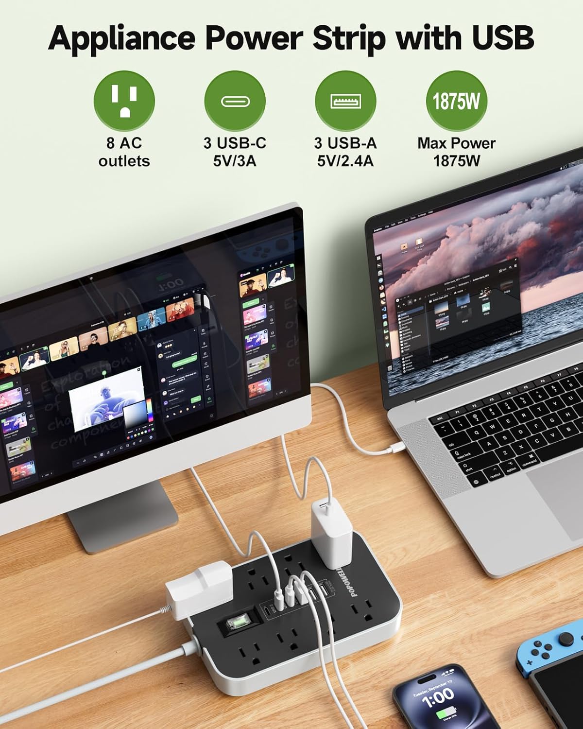 Appliance Power Strip- 14 Guage Heavy Duty Extension Cord, 24in, 8 AC Outlet& 6 USB Ports 4.8A USB Charging Station, 1080J, High Wattage for Microwave, Conditioner, Kitchen, Garage Essentials.
