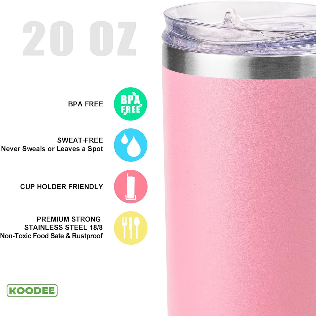 koodee 20 oz Stainless Steel Skinny Tumbler(4 Pack) Double Wall Insulated Water Tumbler Cup with Lids, Straws and Straw Brushe（Baby Blue/Pink/Sky Blue/Teal）
