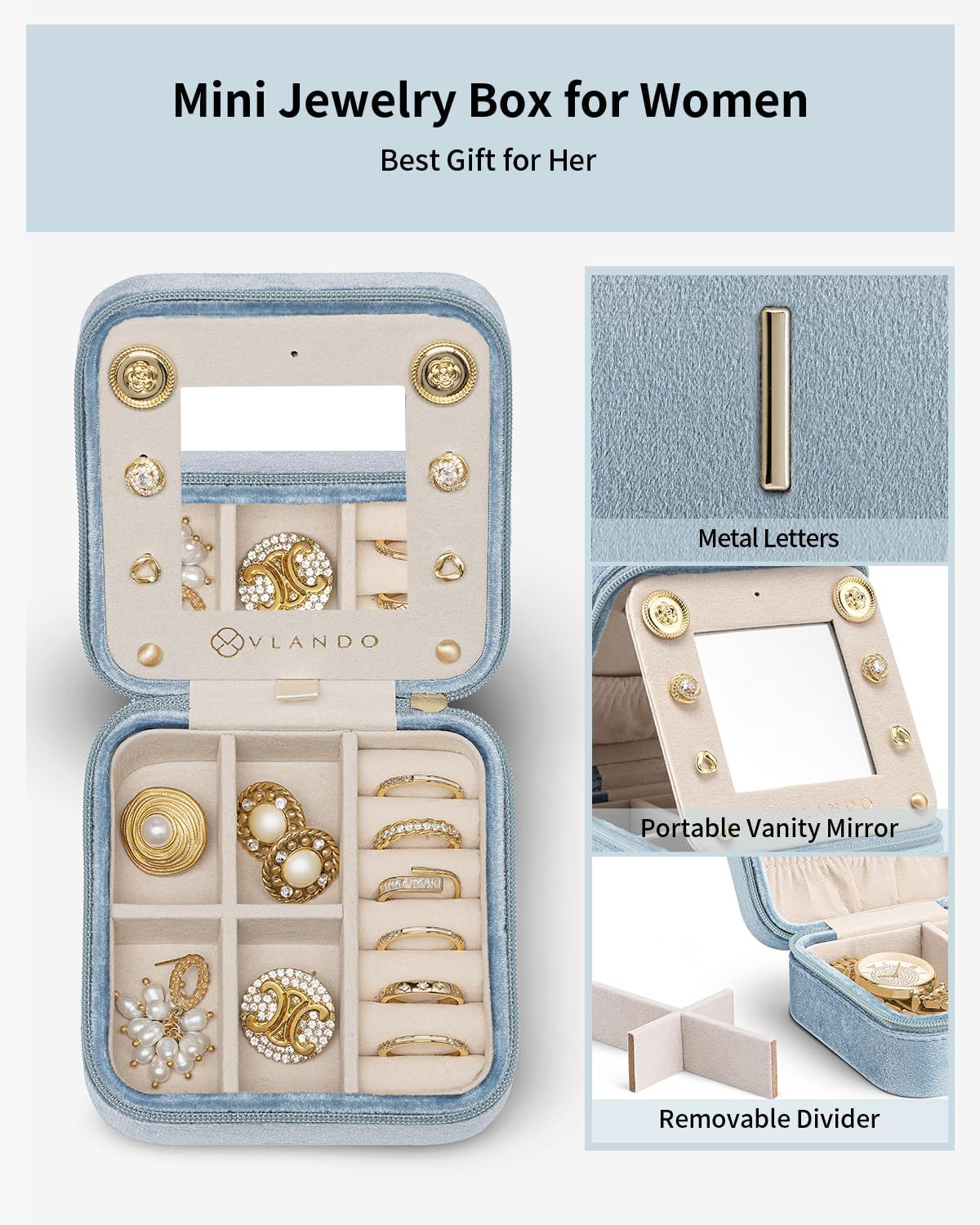 Vlando Valentines Day Gifts for Her, Travel Jewelry Organizer, Necklace Organizer Earrings Organizer Ring Organizer, Jewelry Travel Essentials Travel Gifts for Girlfriend Wife - Letter I, Navy Blue