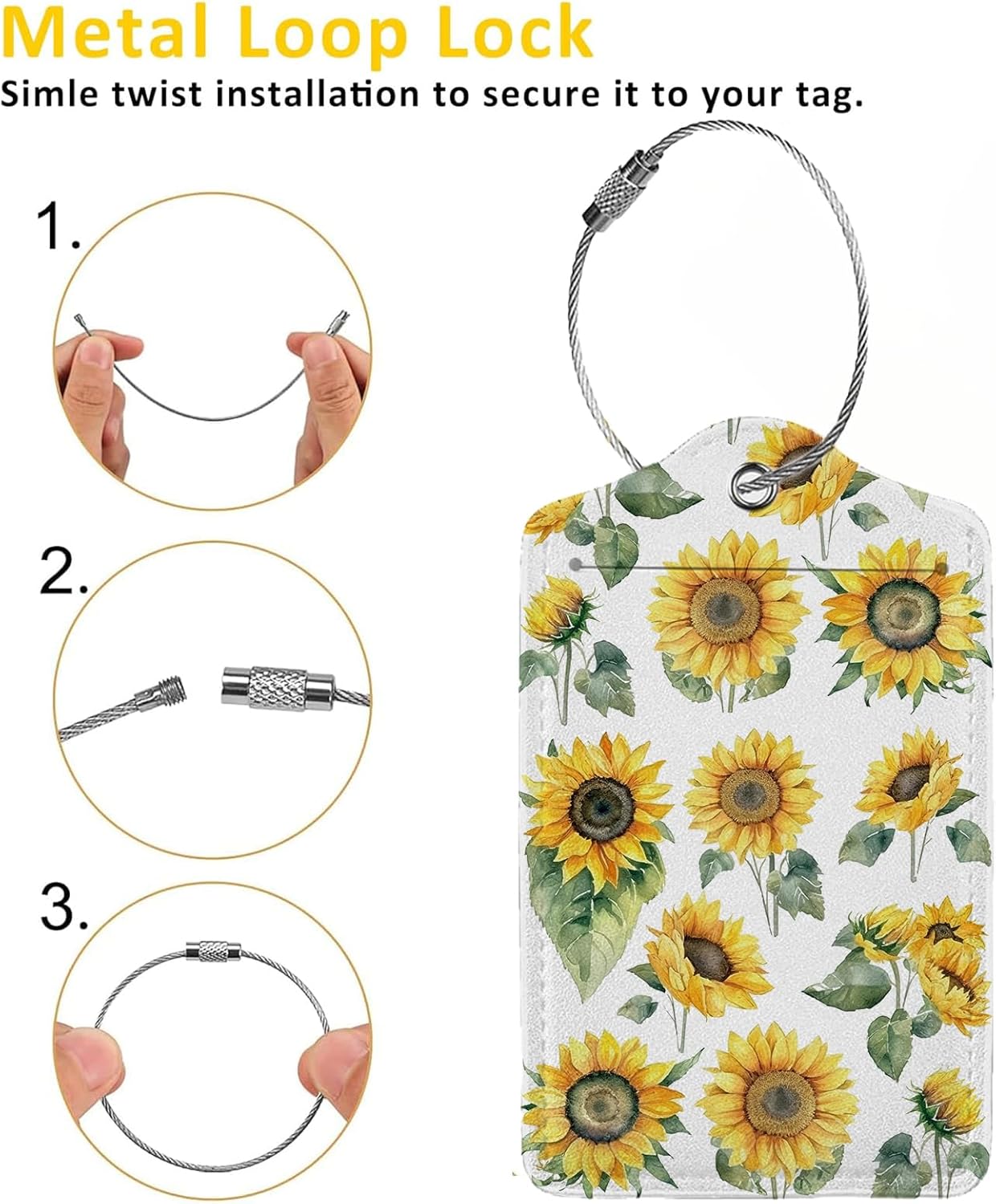 Watercolor Floral Sunflowers 2-Pack Luggage Tags for Suitcases,Leather Baggage Tag with Loop, Tags Private Name ID Labels for Women Girl Men Boys Travel Baggage Suitcase