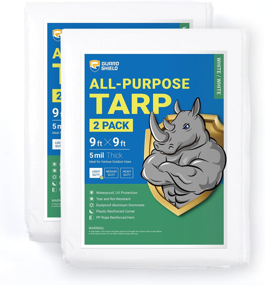 GUARD SHIELD Tarp White 9x9 Feet Multi Purpose Waterproof Poly Tarp Cover 5mil (2-Pack)