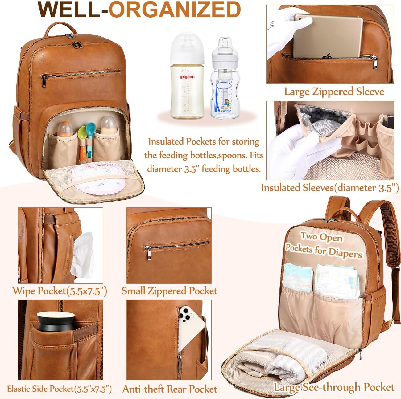 VASCHY Diaper Bag Backpack for Mum Dad, Unisex Large Waterproof Vegan Leather Baby Bag with Changing Pad,Insulated Pockets,Padded Laptop Sleeve for Travel,Brown