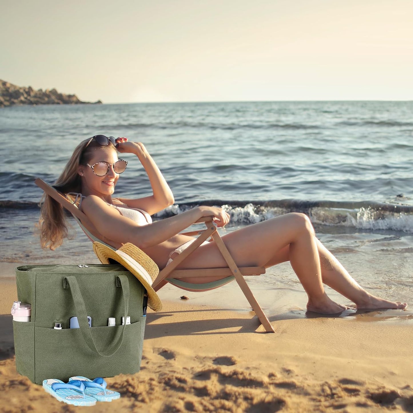 LEDAOU Large Beach Tote Bag Women Waterproof Sandproof Zipper Beach Tote Bag for Pool Gym Grocery Travel with Wet Pocket