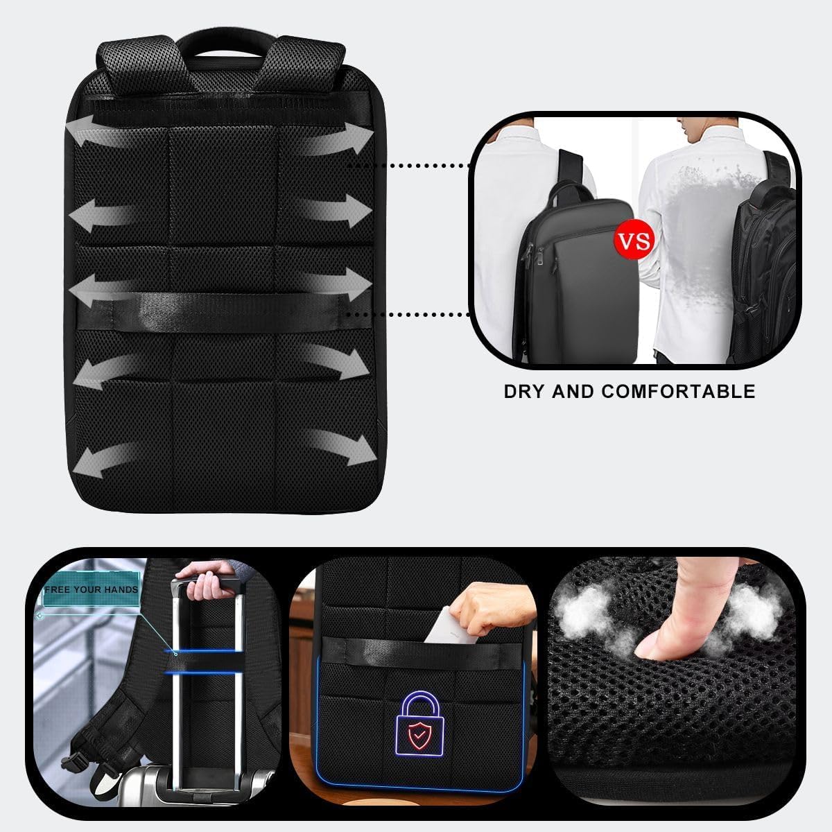 ZINMARK Slim Expandable 15 15.6 16 Inch Laptop Backpack Anti Theft Travel Business Durable Computer Bag, Multipurpose Large Capacity Daypack for Men And Women,Black