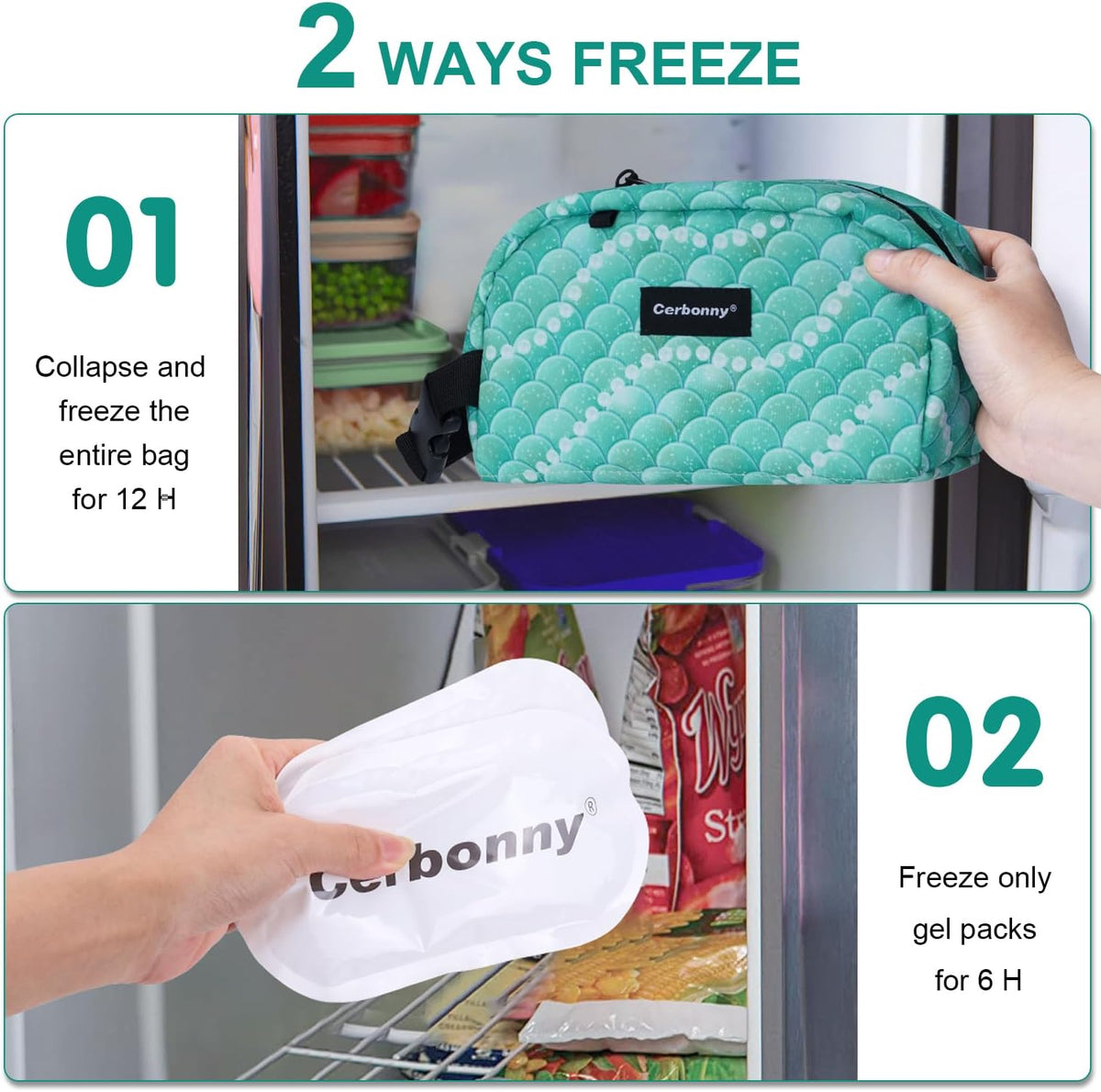 Cerbonny Small Insulated Lunch Bag (Green-Fish, 12.0 quarts) - Freezer Safe, Mini Cooler Bag for Work School Travel, Fits Yogurt, Suitable for Kids/Adults