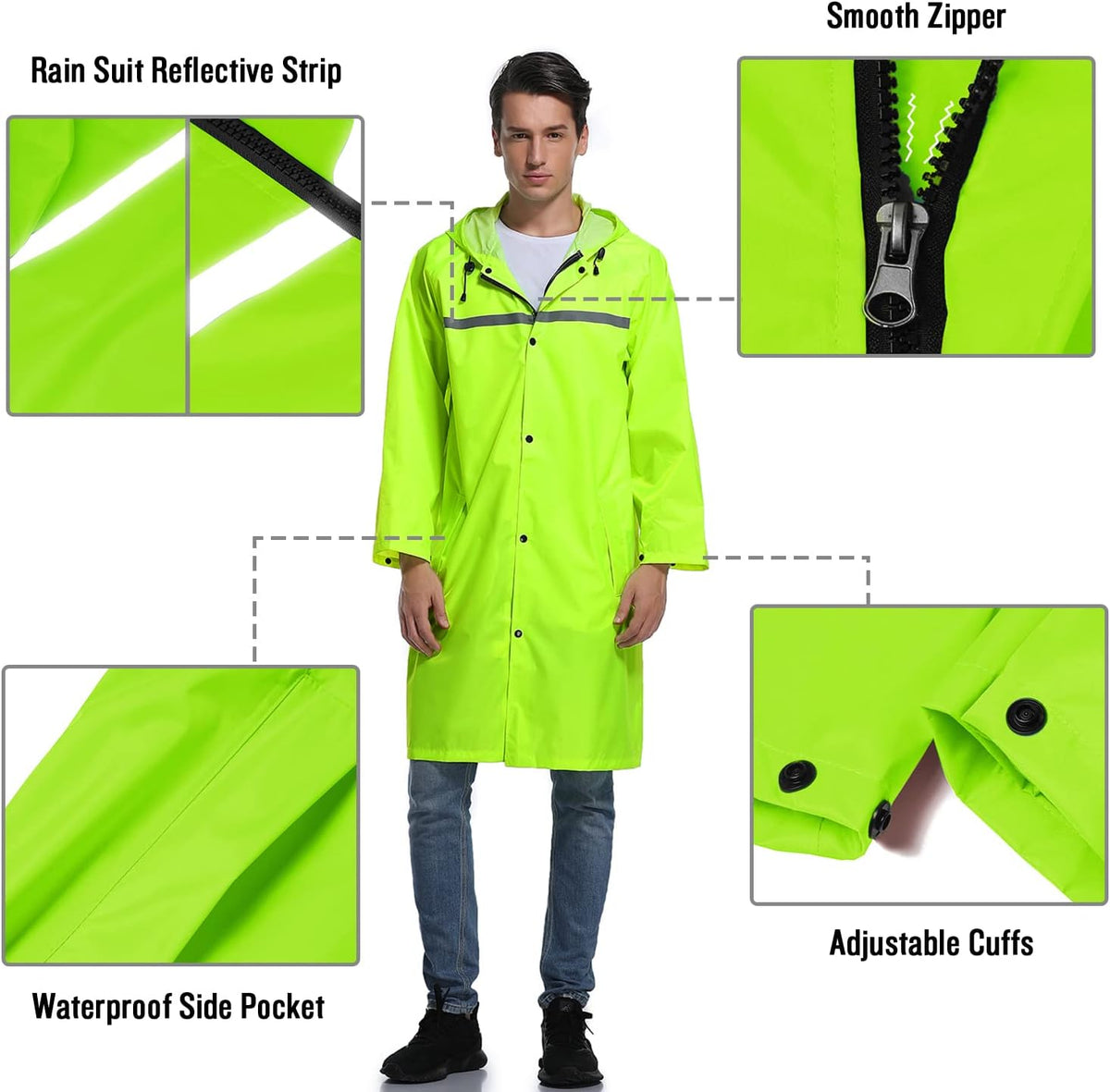 Mens Long Hooded Safety Rain Jacket Waterproof Emergency Raincoat Poncho