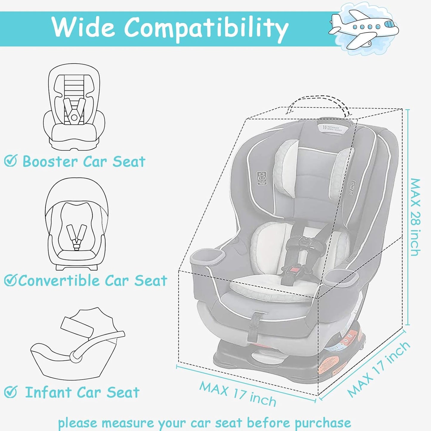 YOREPEK Padded Car Seat Travel Bag for Air Travel, Carseat Cover Backpack with Shoulder Straps, Large Carseat Gate Check Bag, Baby Travel Essential(Light Cyan)