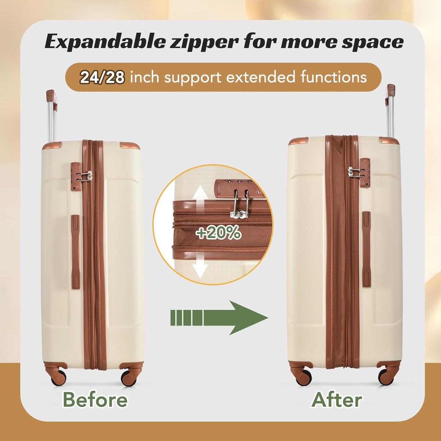 Merax Suitcases With Wheels Hardside Luggage Sets 3 Piece, Expandable And Lightweight, Travel Suitcases For Woman And Man (White Brown)