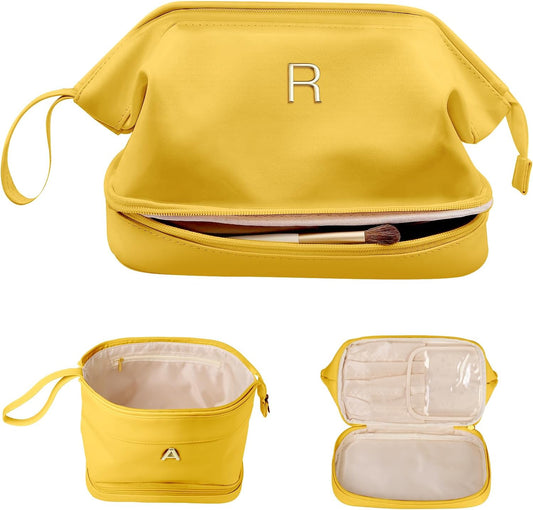Womens Gift, Initial Makeup Bag, Travel Gifts, Personalized Bags, Waterproof Double Layer Cosmetic Bag, Large Capacity PU Leather Makeup Bags Letter Travel Toiletry Bag, Friend Gifts