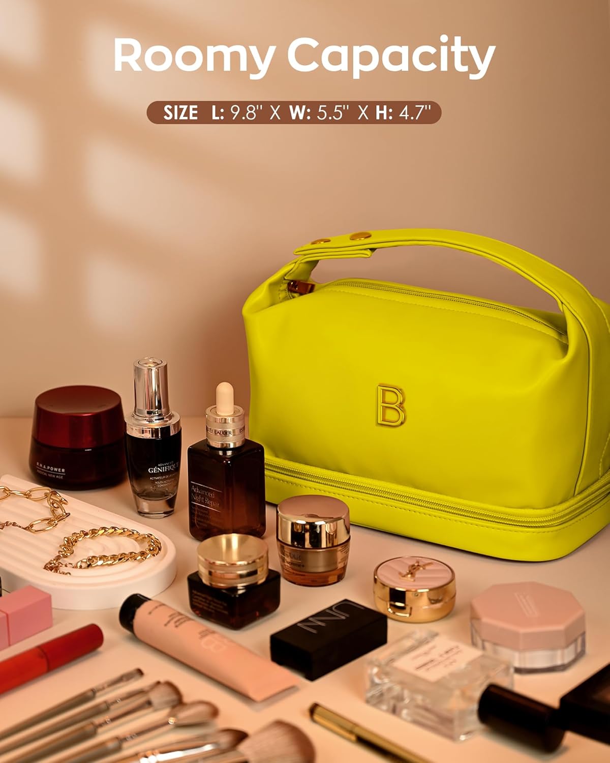 Gifts for Women 40s, Personalized Makeup Bag with Handle, Initial Double Layer Cosmetic Bag with Makeup Brush Organizer, Cute Cosmetic Pouch for Women, Gifts for Friends Female Mom