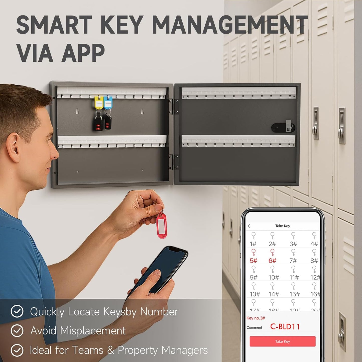 WeHere 48 Key Lock Box with Dual Lock, Combination & Key Unlock, Key Cabinet Wall Mount with Tag Label, Key Holder Storage Lockbox for Store, Office, Company, House, App Key Directory ERP