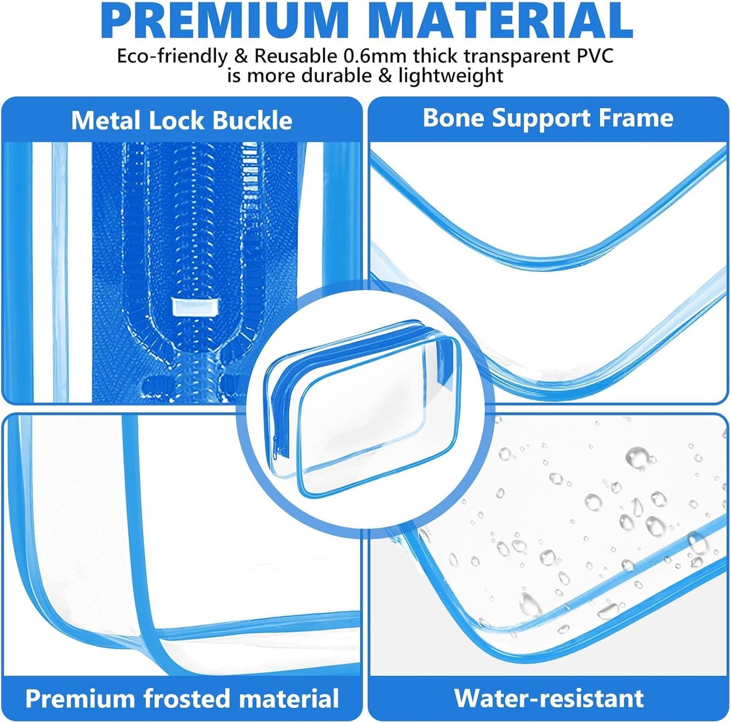 AURUZA 4 Pack Clear Toiletry Bag,Portable Travel Makeup Bags with Zipper, TSA Approved Clear Organizer Bags, PVC Cosmetic Pouch for Airport Airline Compliant (4 Packs Blue)