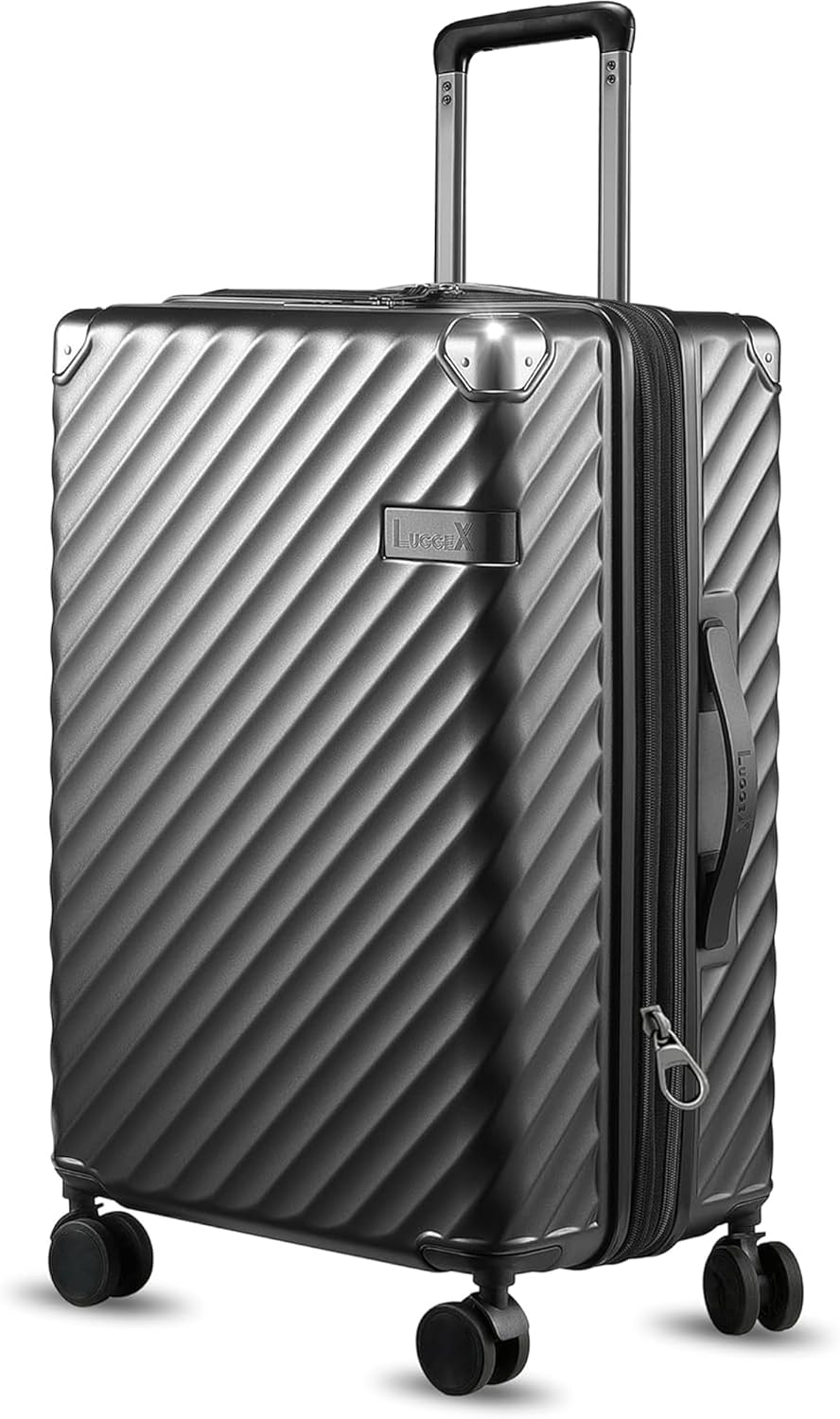 LUGGEX Luggage with Spinner Wheels, Polycarbonate Expandable Hard Shell Suitcase, Checked Medium 24 Inch, Charcoal Metallic