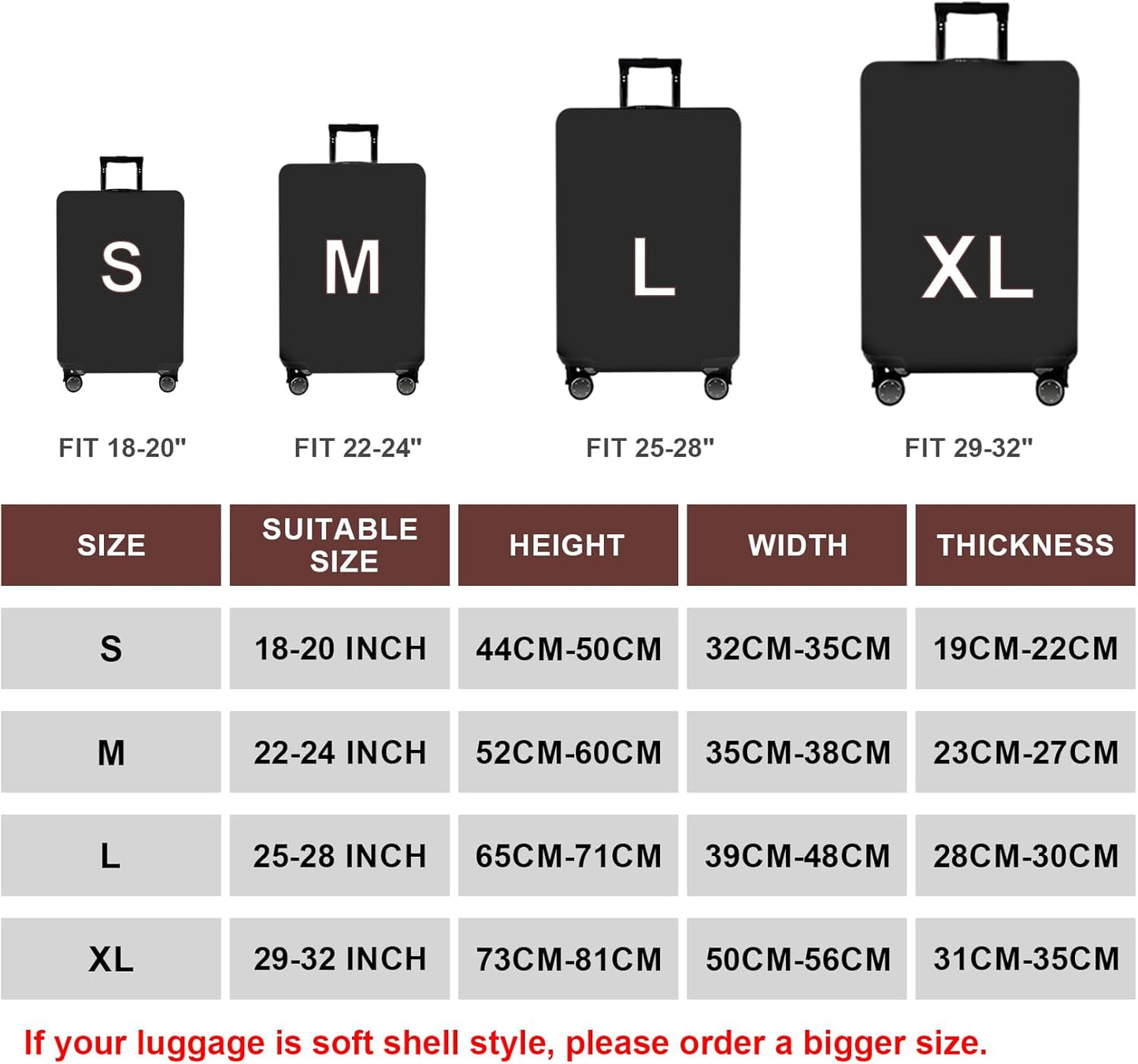 WUJIAONIAO Travel Luggage Cover Baggage Suitcase Cover Protector Skins 18-32 Inch (Pure Black, S (for 18-20 inch luggage))