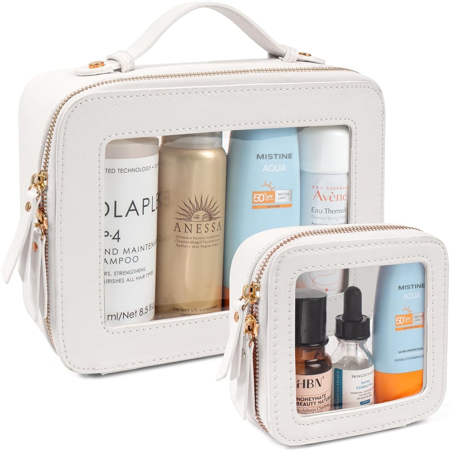 LETGO Clear Makeup Bags Set - TSA Approved Toiletry Bag with Handle Large Opening, Clear Toiletry Bags Case Pouch for Traveling Travel Car Orangizer Storage Essentials (Mini+Large White)