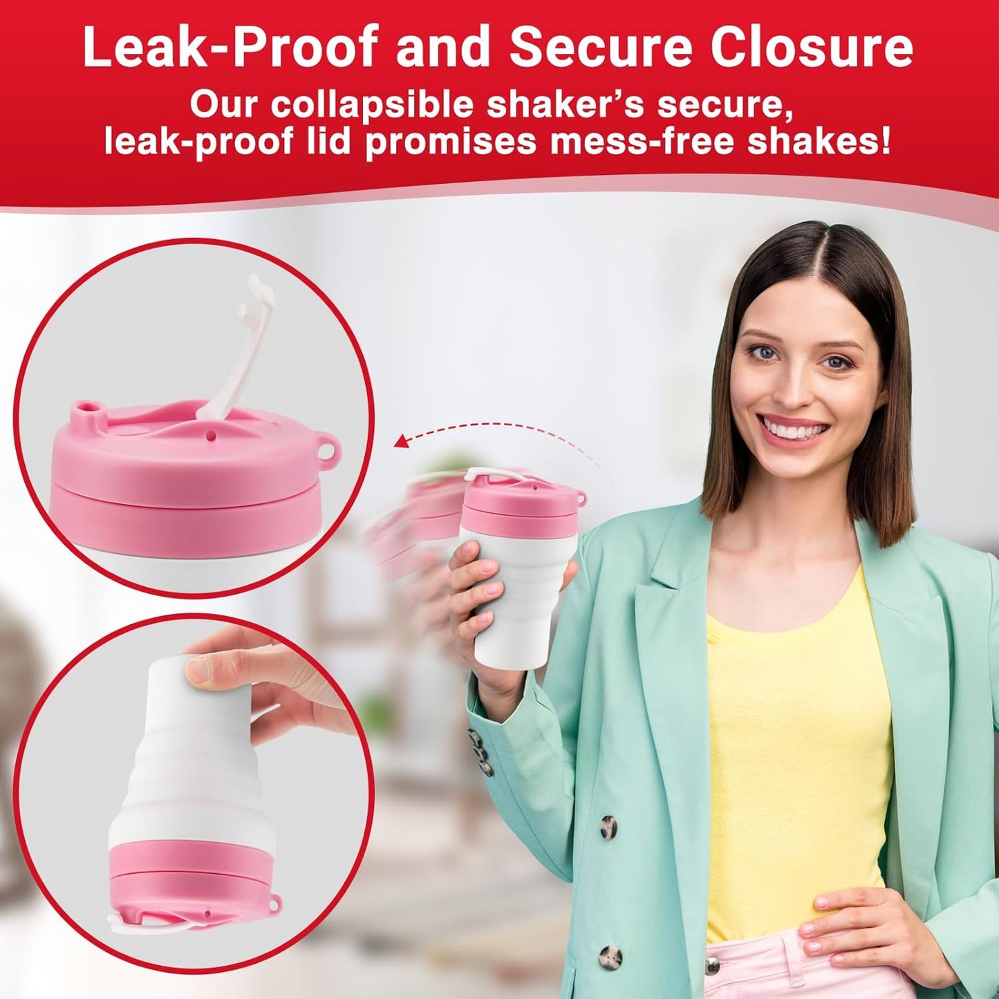 Protein Shaker Bottle Pink Collapsible - Food-Grade, Leakproof Lid 600mL 20oz Pink Shaker - Reusable Silicone Shaker Cups for Protein Shakes
