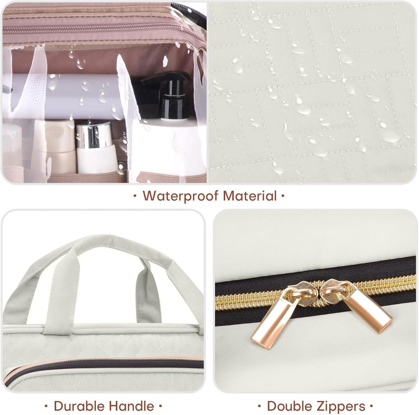 Toiletry Bag for Women with Jewelry Organizer Compartment, Travel Makeup Cosmetic Bag with Hanging Hook for Full-sized Toiletries, Shampoo - Beige