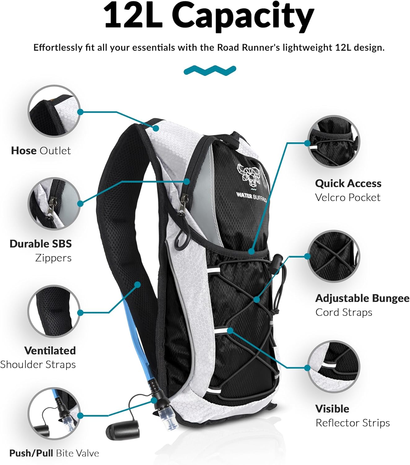 Water Buffalo Hydration Backpack - Lightweight Hydration Pack with 2L Water Bladder - Water Backpack for Hiking, Running, Biking, and Raves - Road Runner 12L Hydropack Backpack