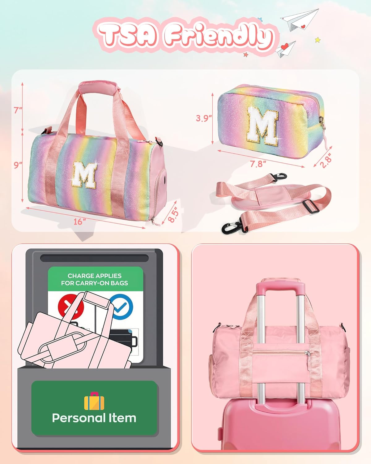 Dorm Room Essentials for Girls-Girl Gym Bag with Shoe Compartment, Kid Personalized Weekender Overnight Bags, Initial Travel Tote with Makeup Pouch, Preppy Stuff Gifts for Kids (Letter F)