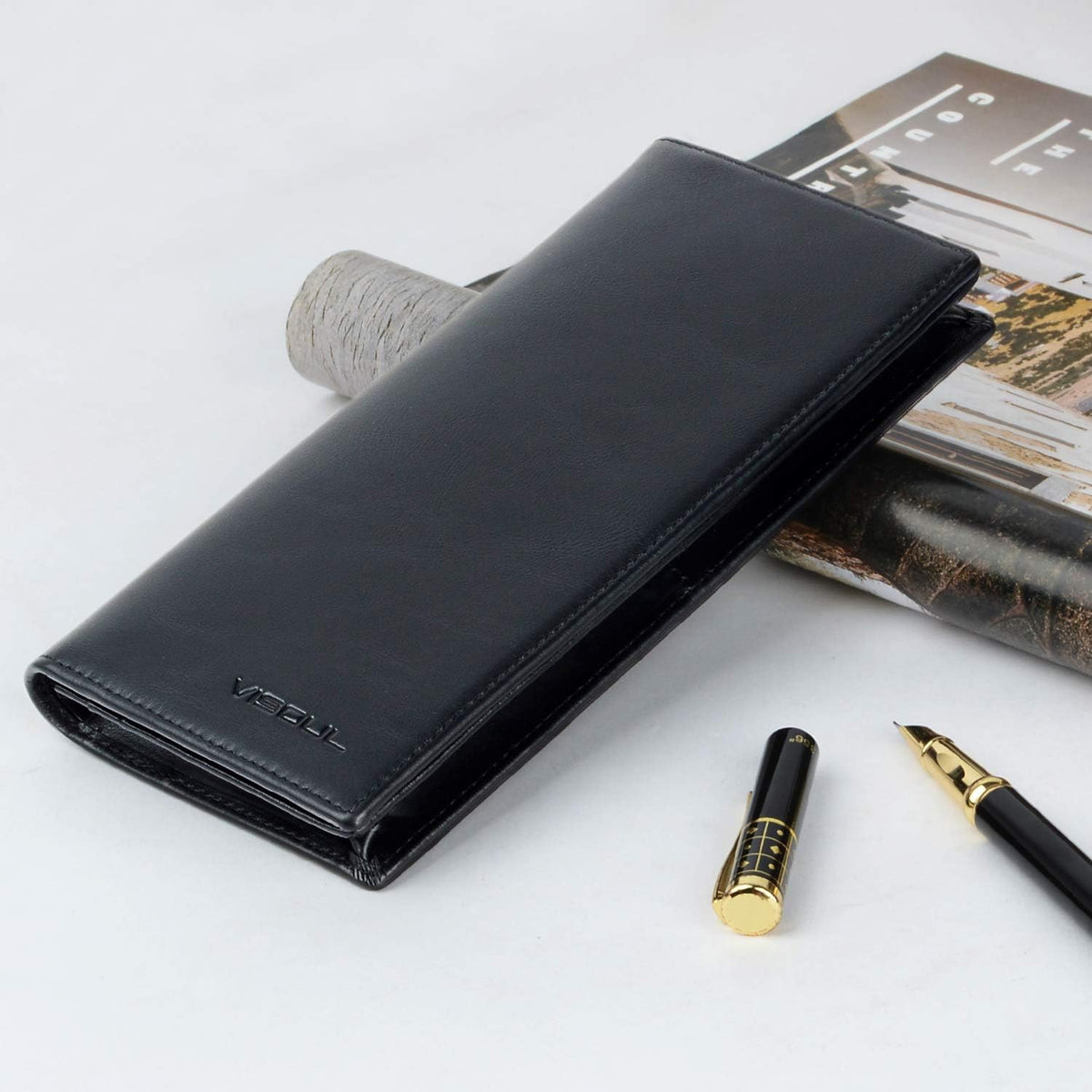 VISOUL Mens Leather Long Checkbook Bifold Wallets with RFID Blocking, Breast Pocket Tall Billfold Secretary Wallet for Men with Card Slots (Black)