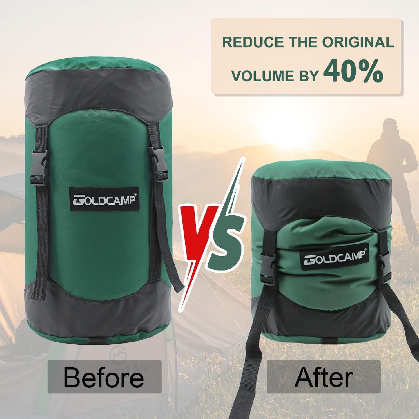 GOLDCAMP Compression Sack, 40% More Storage! 18L/30L/43L/49L/65L Compression Stuff Sack, Waterproof & Ultralight Sleeping Bag Stuff Sack - Space Saving Gear for Camping, Hiking (Green, L)