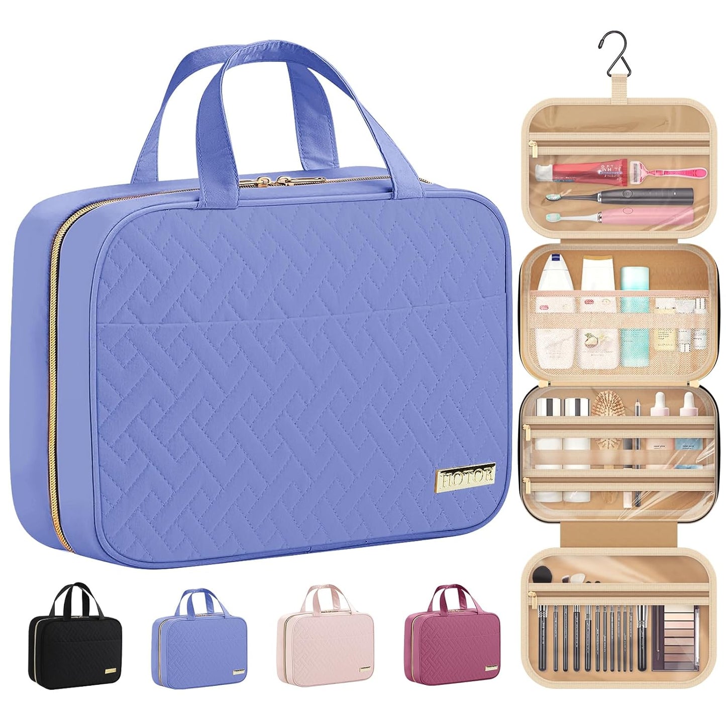 HOTOR Travel Toiletry Bag w/Hanging Hook - Spacious Toiletry Bag Essentials for Women & Men, Makeup Bag/Big Comparment, Waterproof for Travel Accessories, Large, Aegean-Blue