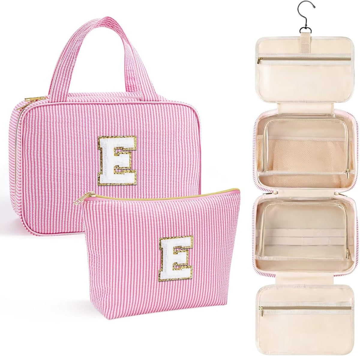 YOOLIFE Teen Girl Gifts Trendy Stuff - Birthday Gifts for 7 8 9 10 11 12 13 14 15 16 17 18 Year Old Teen Girls, Hanging Toiletry Bag Initial Makeup Bag - Letter E, Pink
