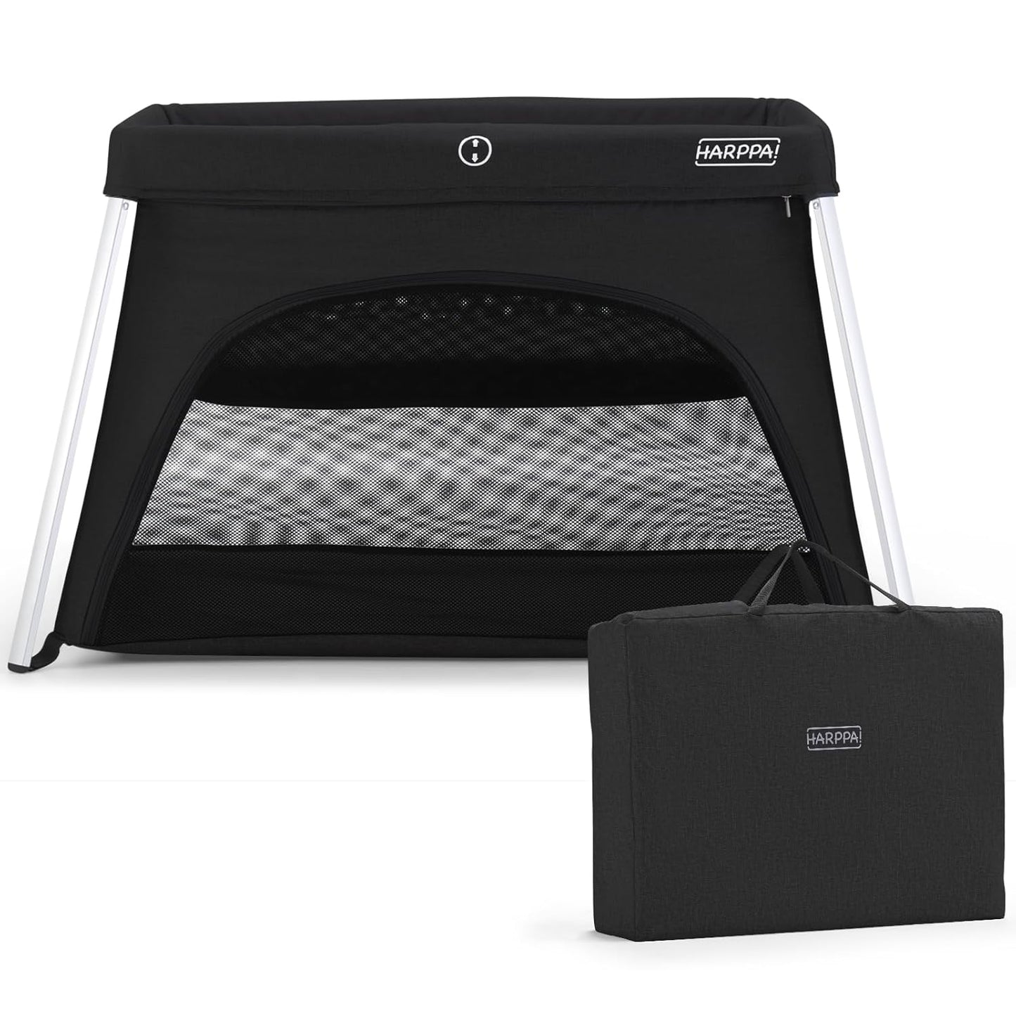 HARPPA Travel Crib with Comfy Mattress, Lightweight Portable Crib Requires No Assembly, Foldable Pack and Play for Baby and Toddlers, Compact Play Yard with Bed,Black