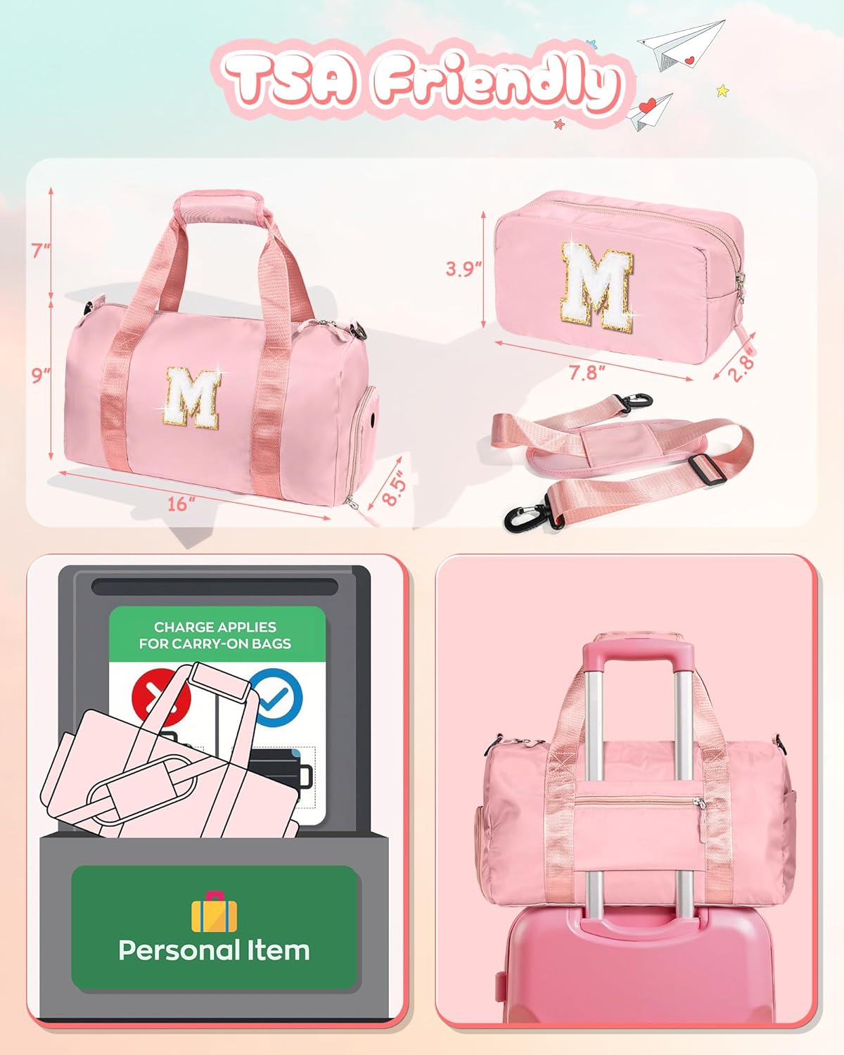 Valentines Day Gifts for Her-Girl Gym Bag with Shoe Compartment, Kid Personalized Weekender Overnight Bags, Initial Travel Tote with Makeup Pouch, Girls Kids Easter Gift (Letter V)