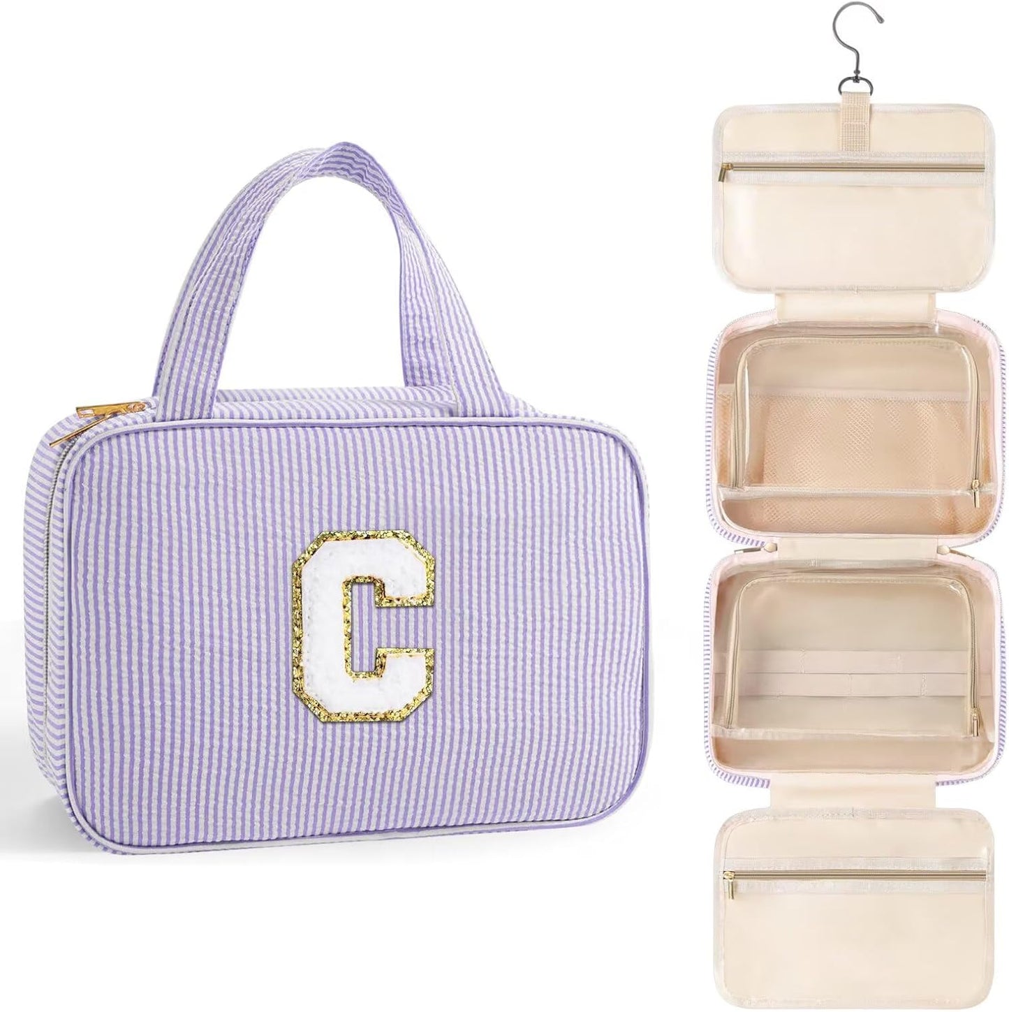 TOPEAST Hanging Toiletry Bag for Women - Travel Toiletry Bag Makeup Bag, Portable Toiletries Travel Bag and Cosmetic Bag, Airplane Travel Essentials - Letter C, Purple