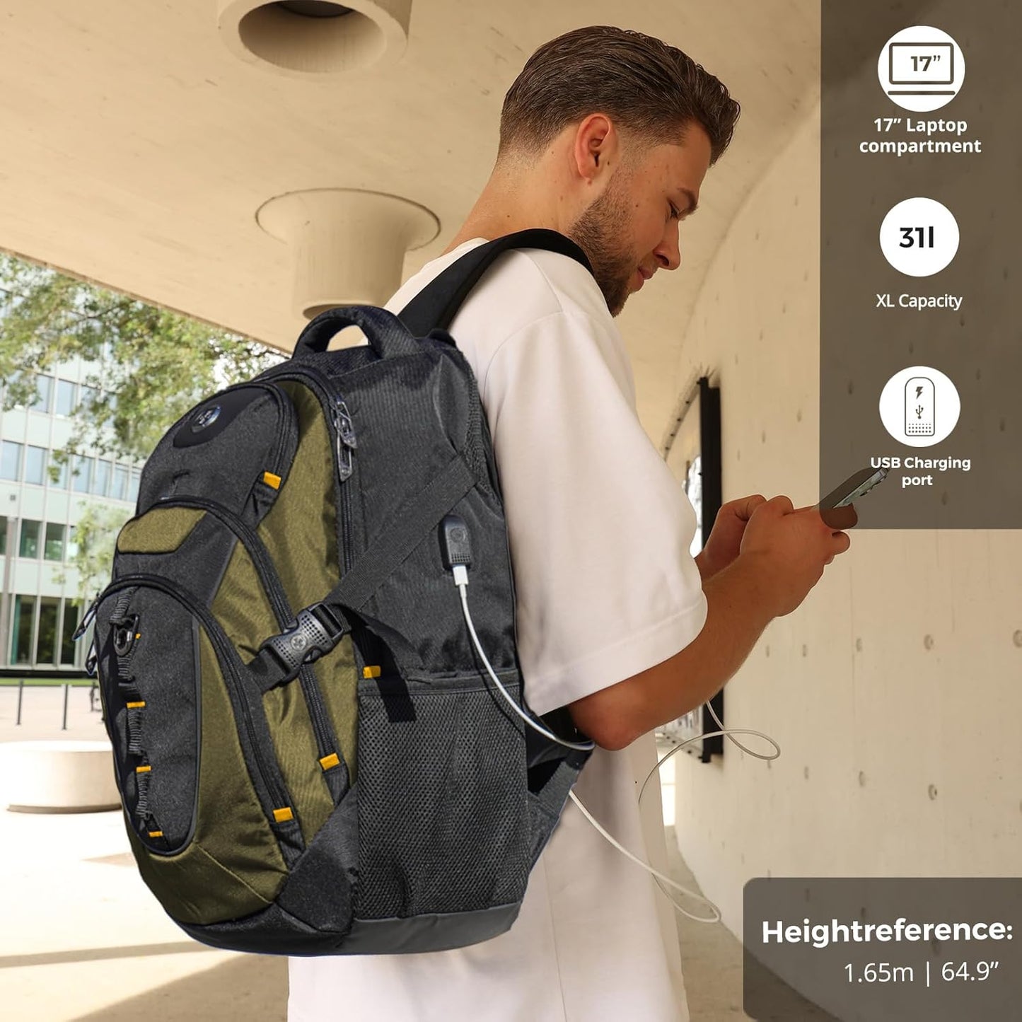 Swissdigital Design Laptop Backpack with USB Charging Port, TSA Travel Backpack Fits 15.6 inches Computer, 31L College School Backpack for Men, Olive/Black | SD803-26