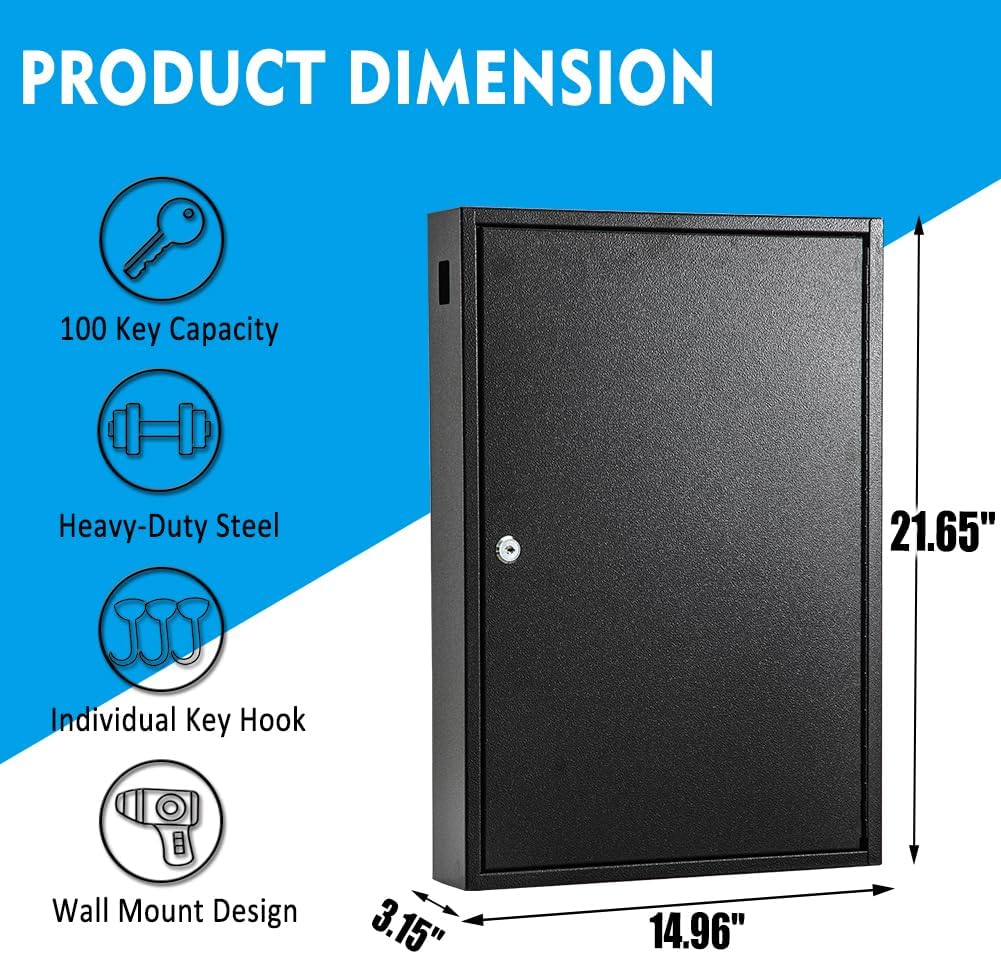 UMEKEN Key Box Wall Mount 100 Position Metal Valet Key Cabinet Lock Box with Key Tags, Key Holder Lockbox Key Organizer Safe Storage Locker Box, Black