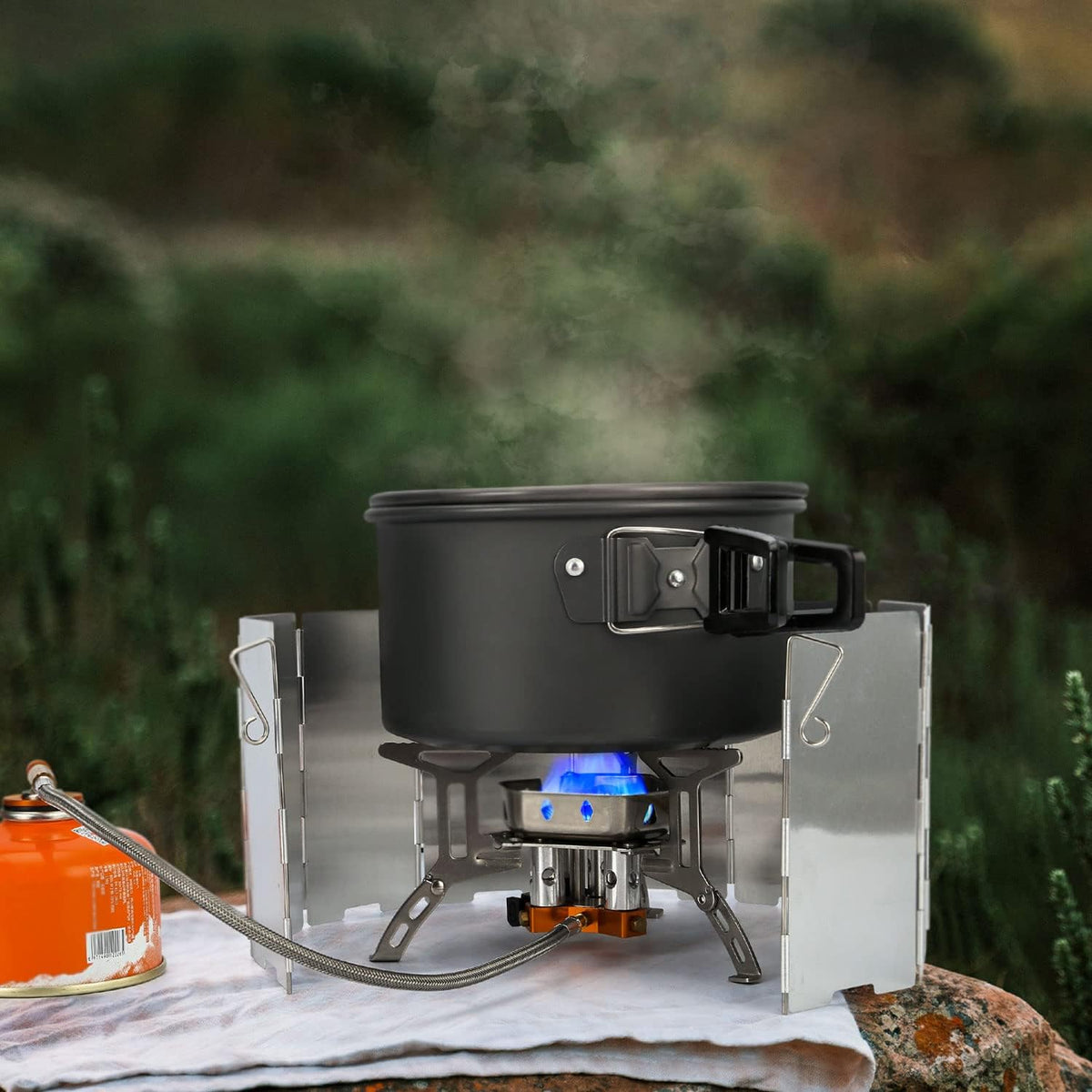 Odoland 3500W/6800W Windproof Camp Stove Camping Gas Stove with Fuel Canister Adapter, Piezo Ignition, Carry Case, Portable Collapsible Stove Burner for Outdoor Backpacking Hiking and Picnic