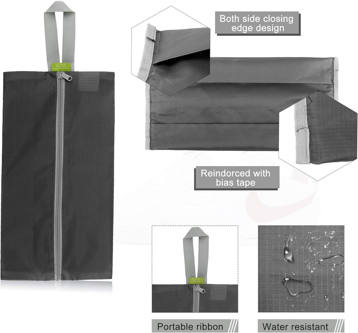 BeeGreen Black Grey Shoe Organizer Set - 6 Pack Shoe Bags For Travel with Zipper Closure and Handle,Stylish and Portable Nylon Shoe Storage for Men and Women's Travel Gifts and Home Storage