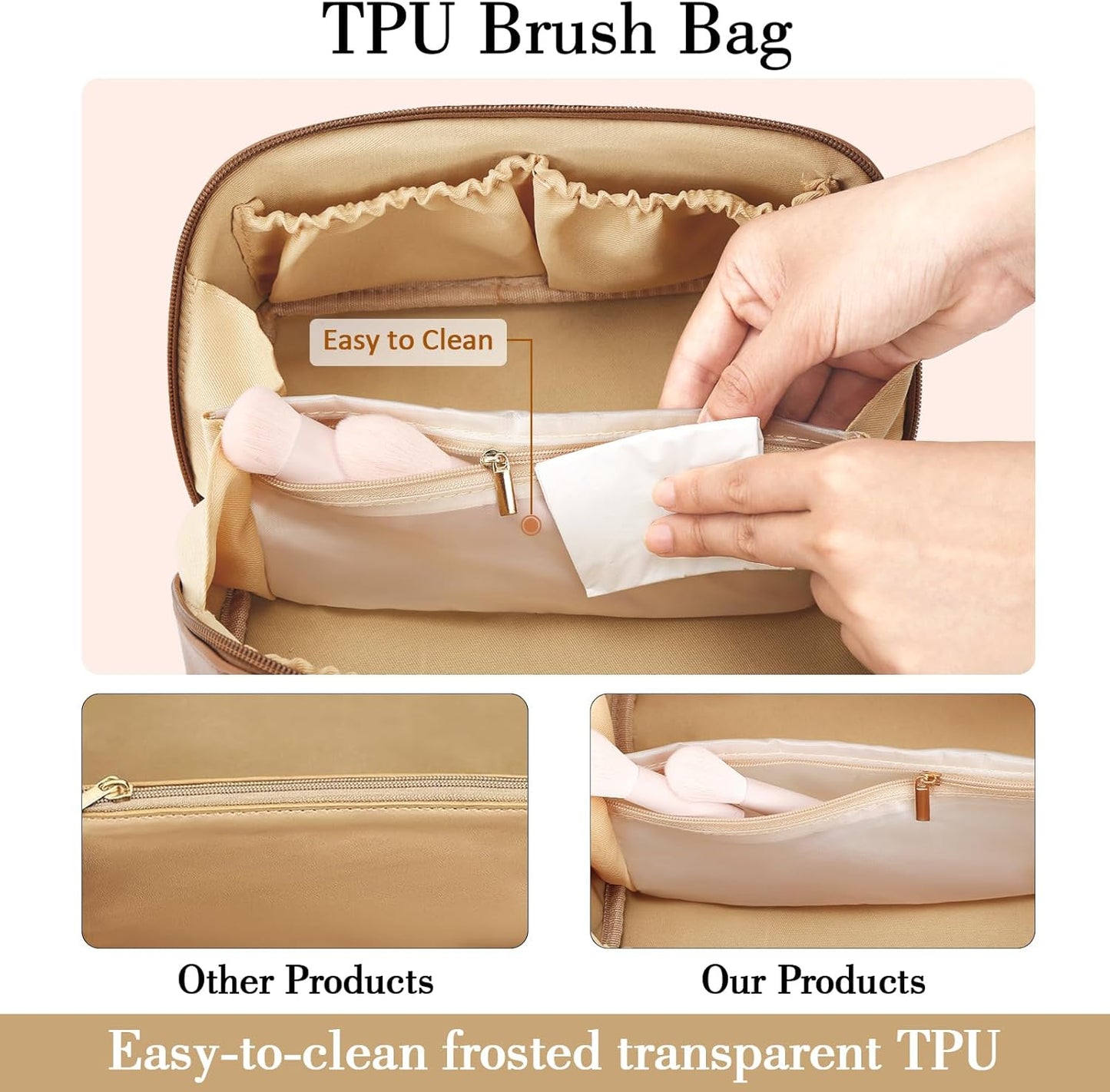 Birthday Gifts for Women Teen Girl, Personalized Initial Makeup Organizer Bag Set, Open Flat Travel Cosmetic Bag With Clear Divider and Handle(Brown,A)