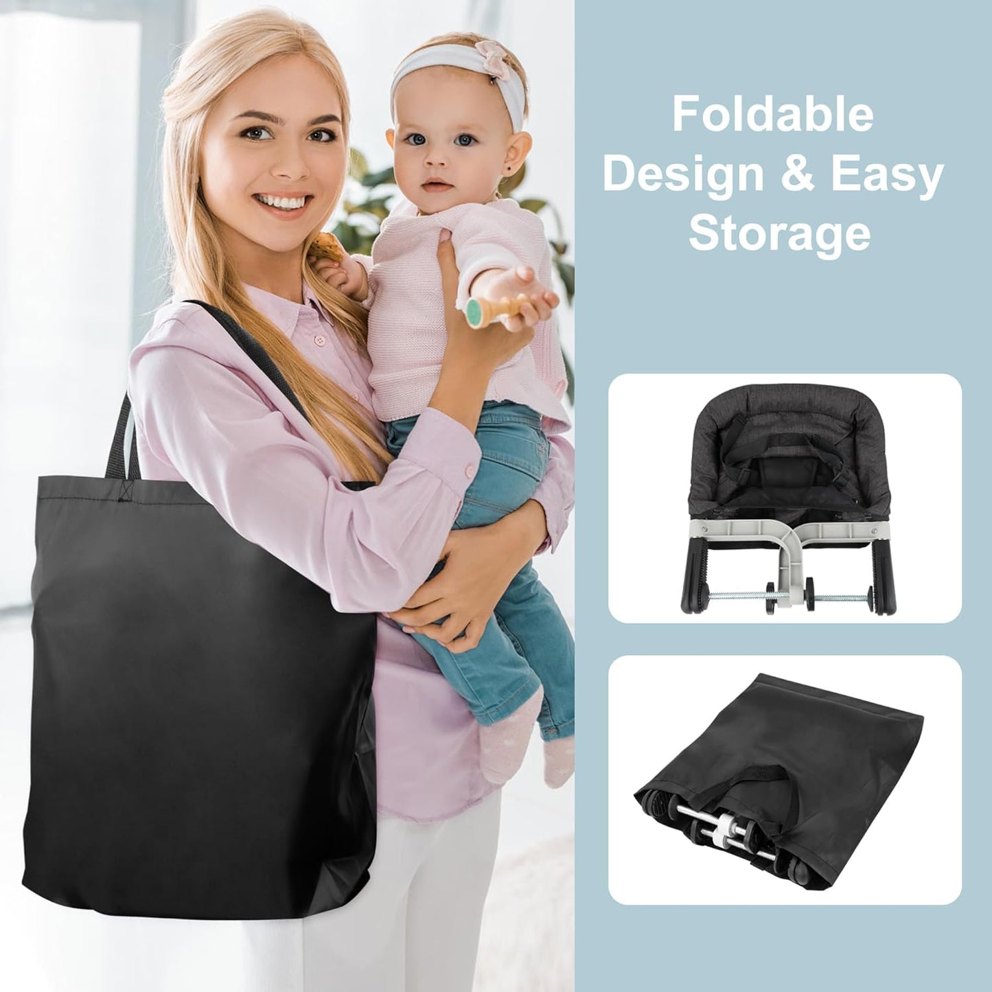 Hook On High Chair, Jozzve Baby High Chair, Portable High Chair for Travel, Foldable Fast Table Chair with Storage Bag, Baby Feeding Seat Clip On High Chair for Home and Travel (Bright Blue)