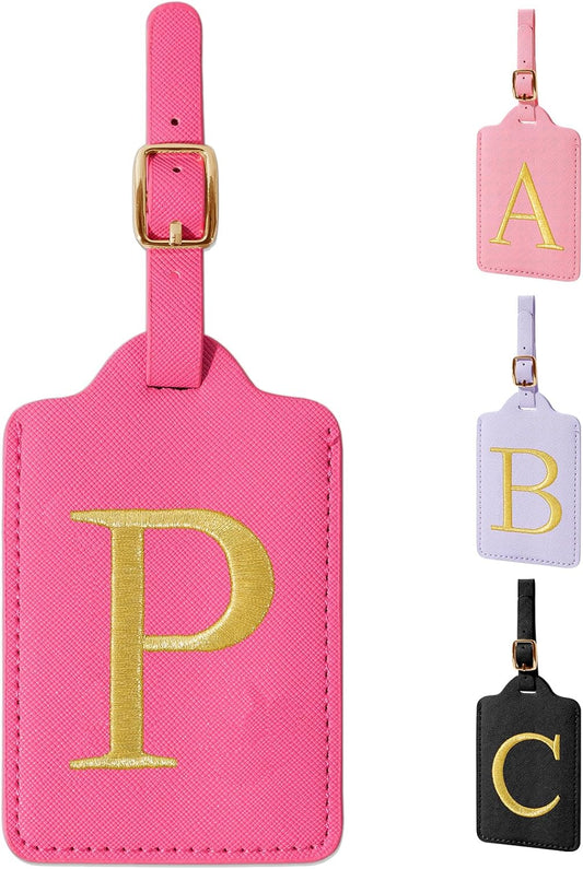Personalized Rose Red Leather Initial Luggage Tags - Cute Embroidered Custom Monogram Tags for Suitcase, Travel Backpack