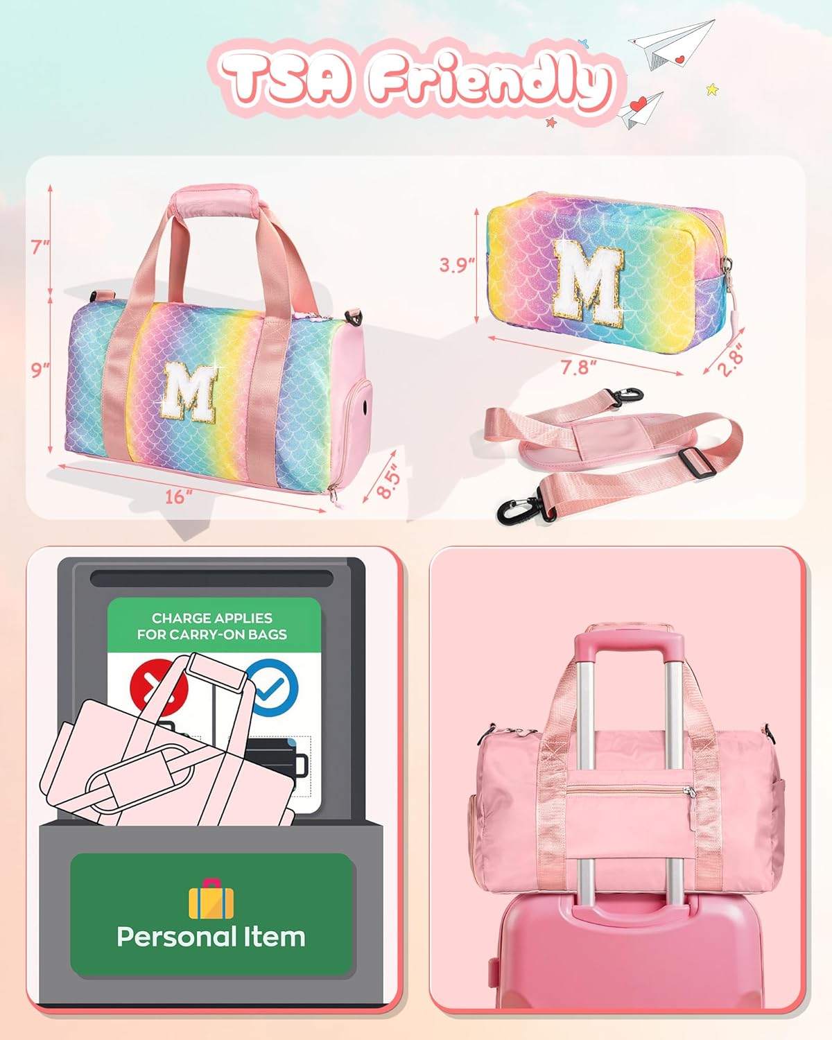Cute Preppy Gifts for Girls-Girl Gym Bag with Shoe Compartment, Kid Personalized Weekender Overnight Bags, Initial Travel Tote with Makeup Pouch, Daughter In Law Gift (Letter D)